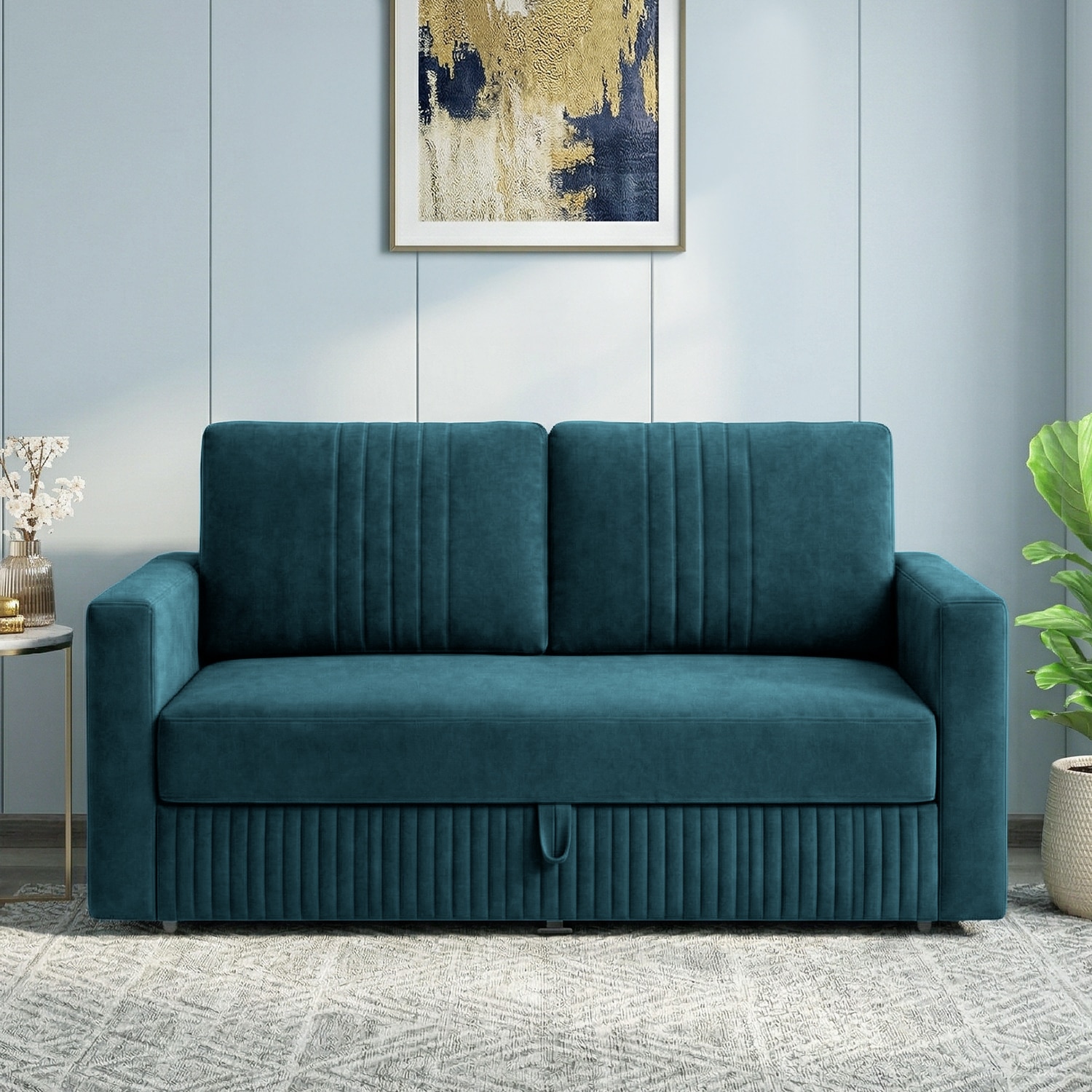 Alfon 2 Seater Velvet Pull Out Sofa Cum Bed with Storage In T Blue - Home Lifestylez