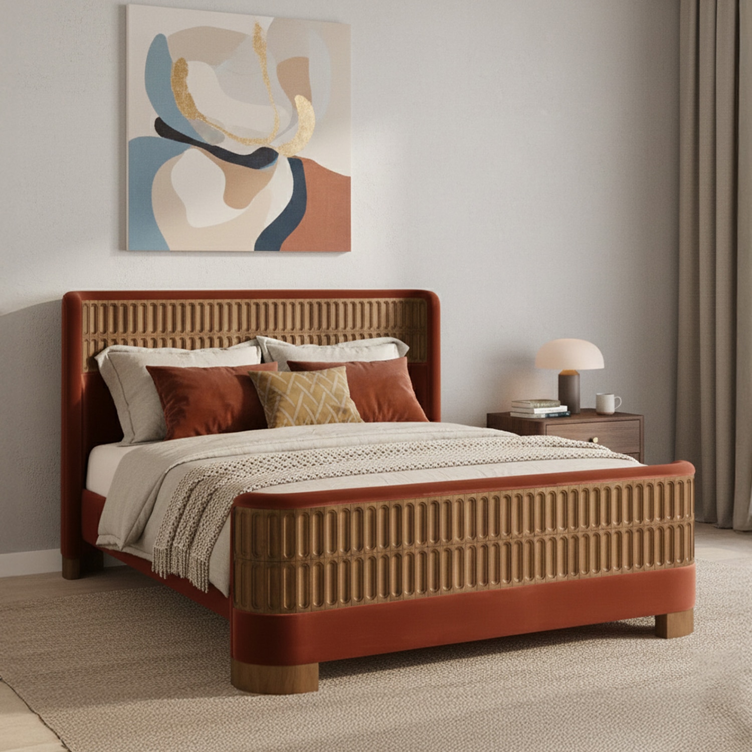 Heritage Cane Upholstered Queen Size Bed in Linen With Oak wood Frame - Nestroots