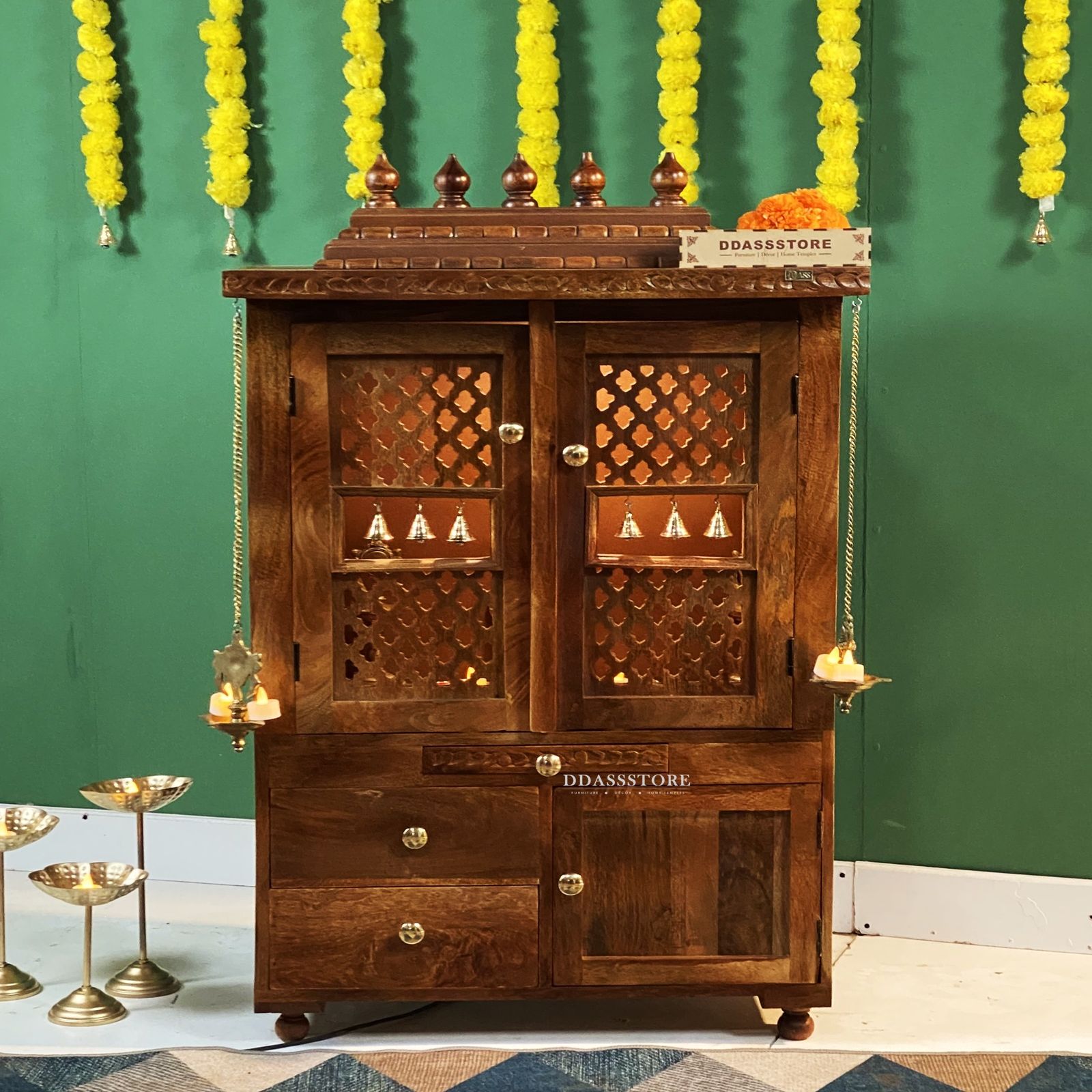 D'Dass Honey Finish Solid Sheesham Wooden Temple For Pooja