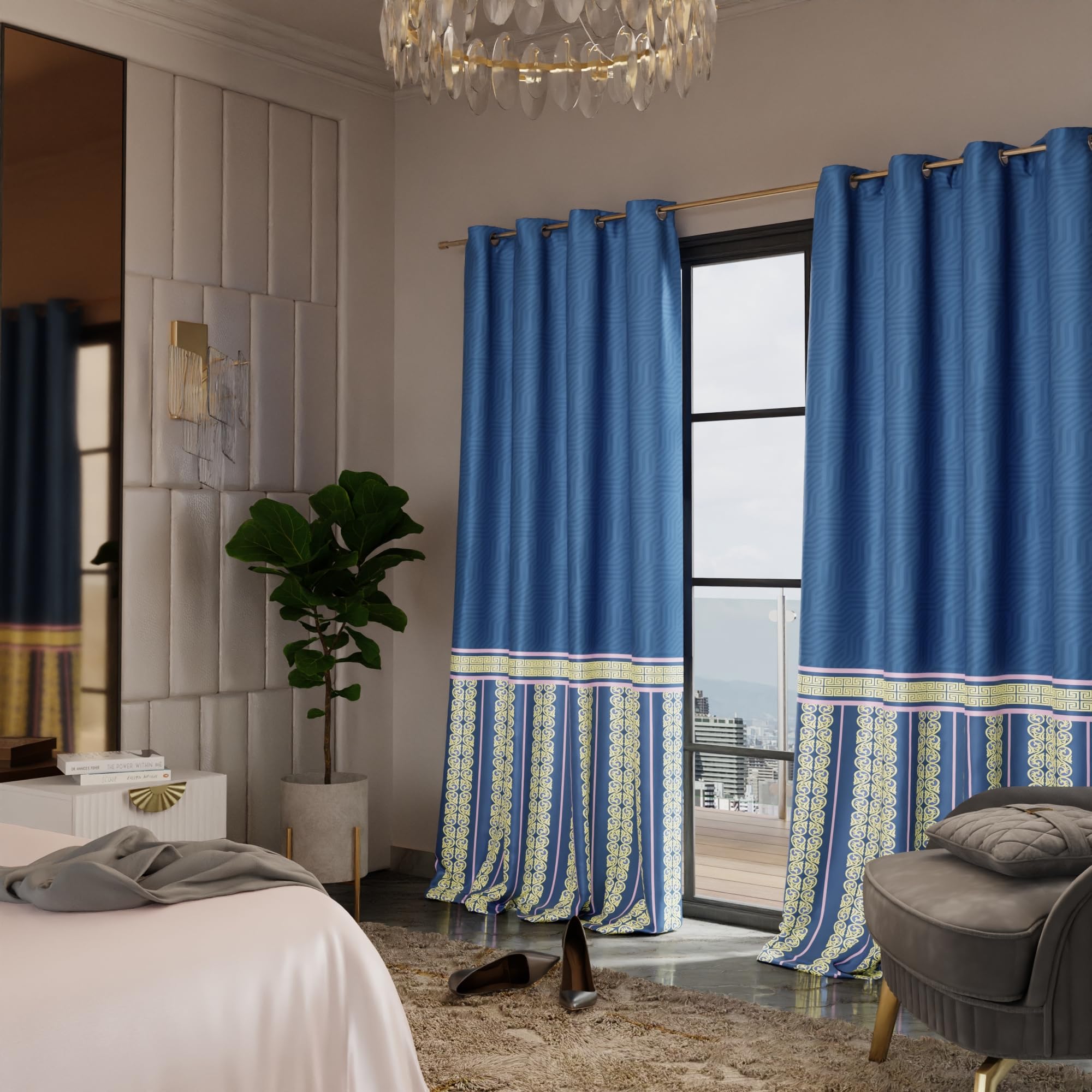Stoa Paris Satin Curtain for Door, 70% Blackout Curtains, Sun Protection, Set of 2, Versailles - Blue Monarch - Stoa Paris