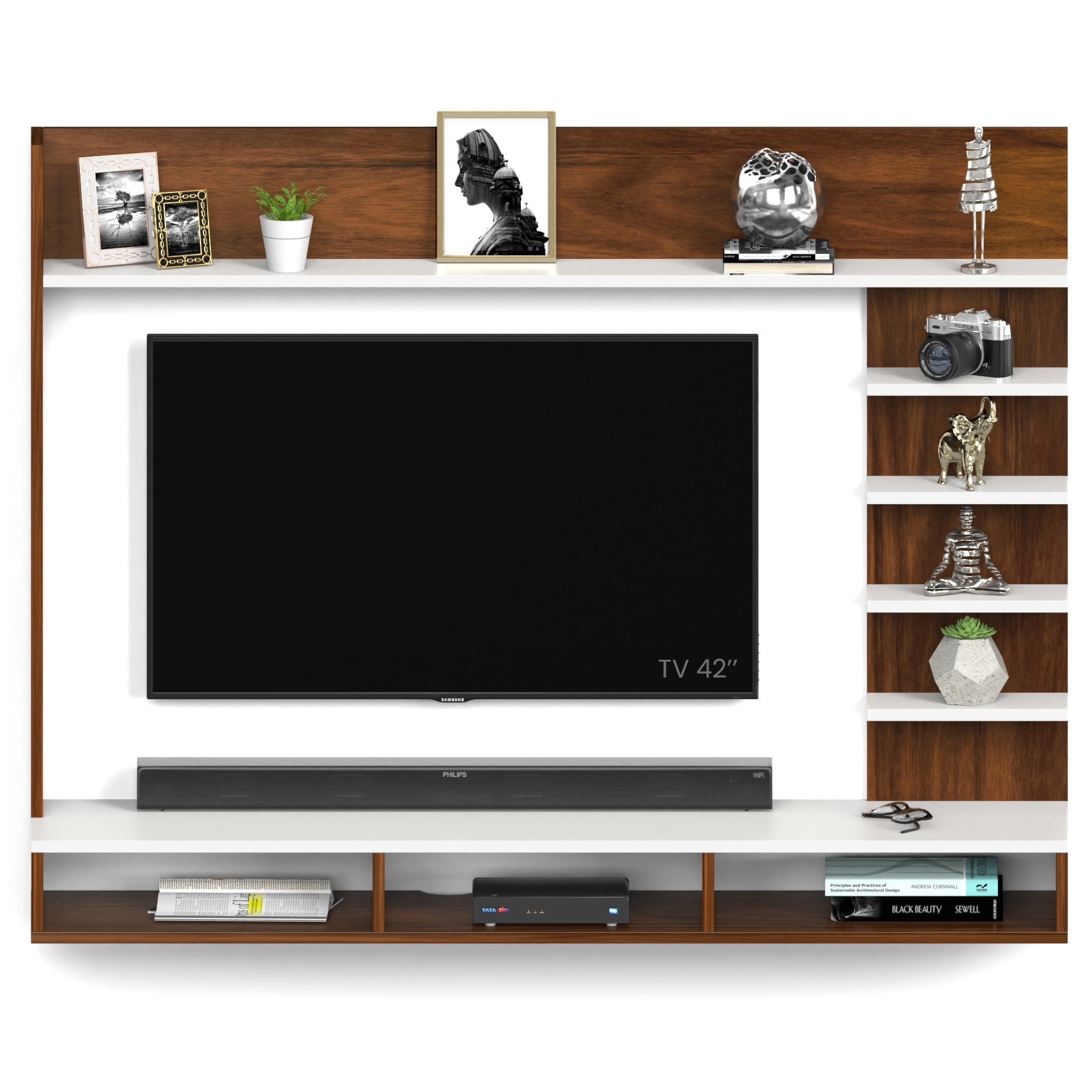 BLUEWUD Primax Grande Standard Engineering Wood Wall Mount TV Entertainment Unit Set Top Box Stand/TV Cabinet Panel with Shelves for Books & D�cor Display Unit, Ideal for 42" (Brown Maple & White)