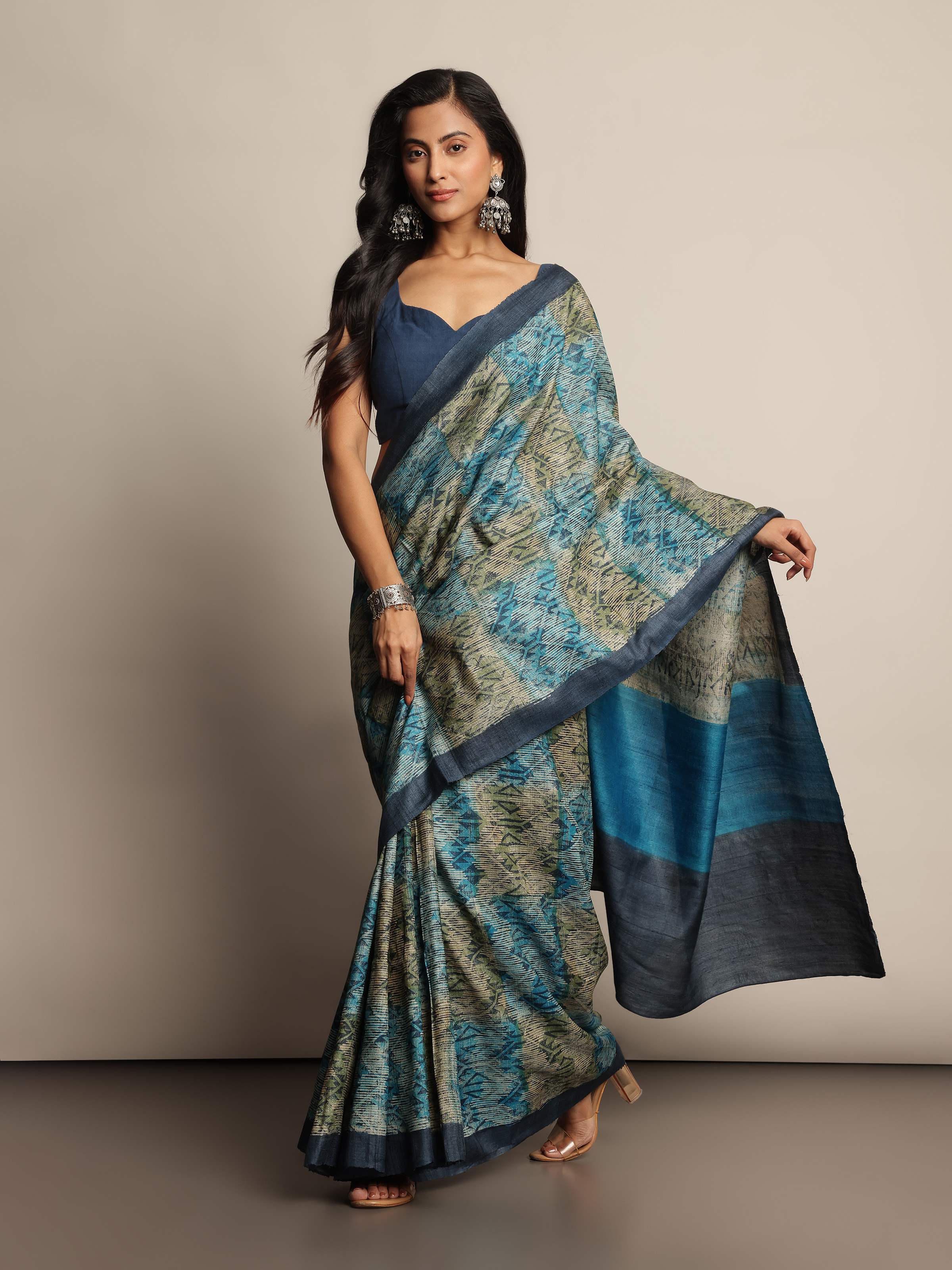 Indigo Tussar Silk Discharge Printed Saree