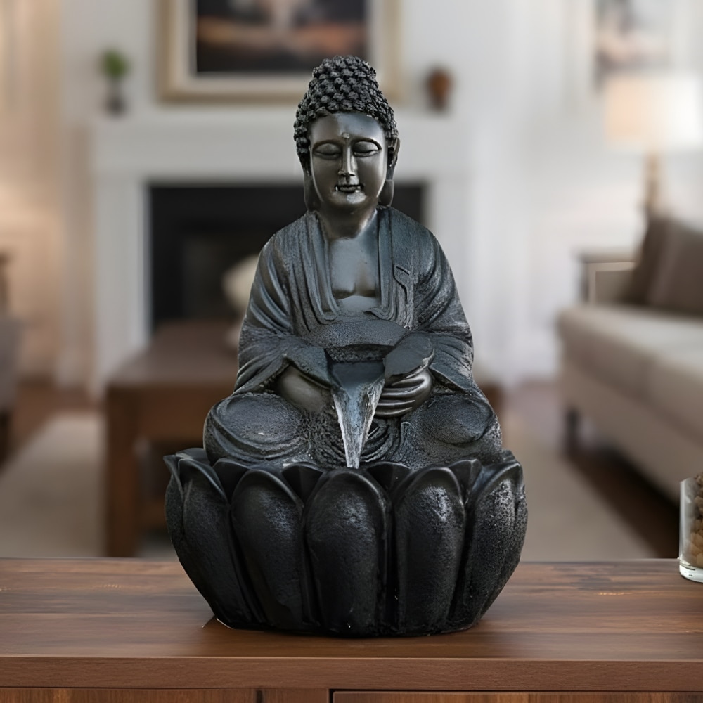 Black Fiber Glass Twilight Lotus Buddha Indoor Water Fountain - Expleasia