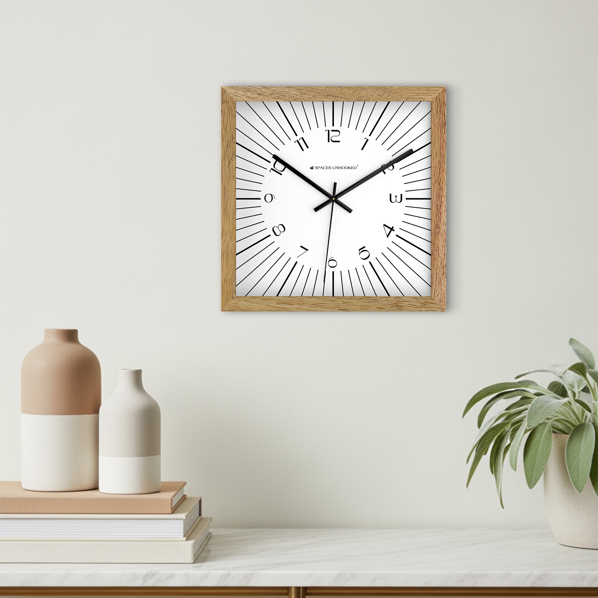 Wooden Square Wall Clock with Radiant Dial Design
