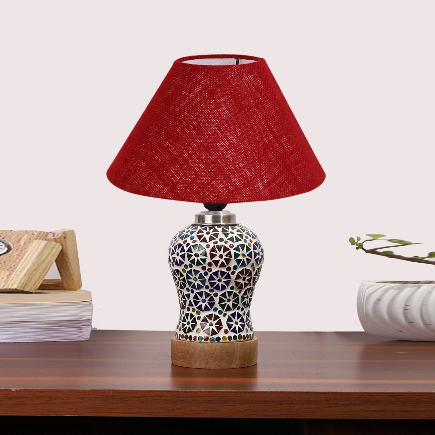 Devansh Conical Maroon Jute Shade Lamp With Wood & Mosaic Glass Base For Decoration/Office/Home/Gifting/Study For Decoration/Office/Home/Gifting/Study -(10X10X14.5) Inches -A