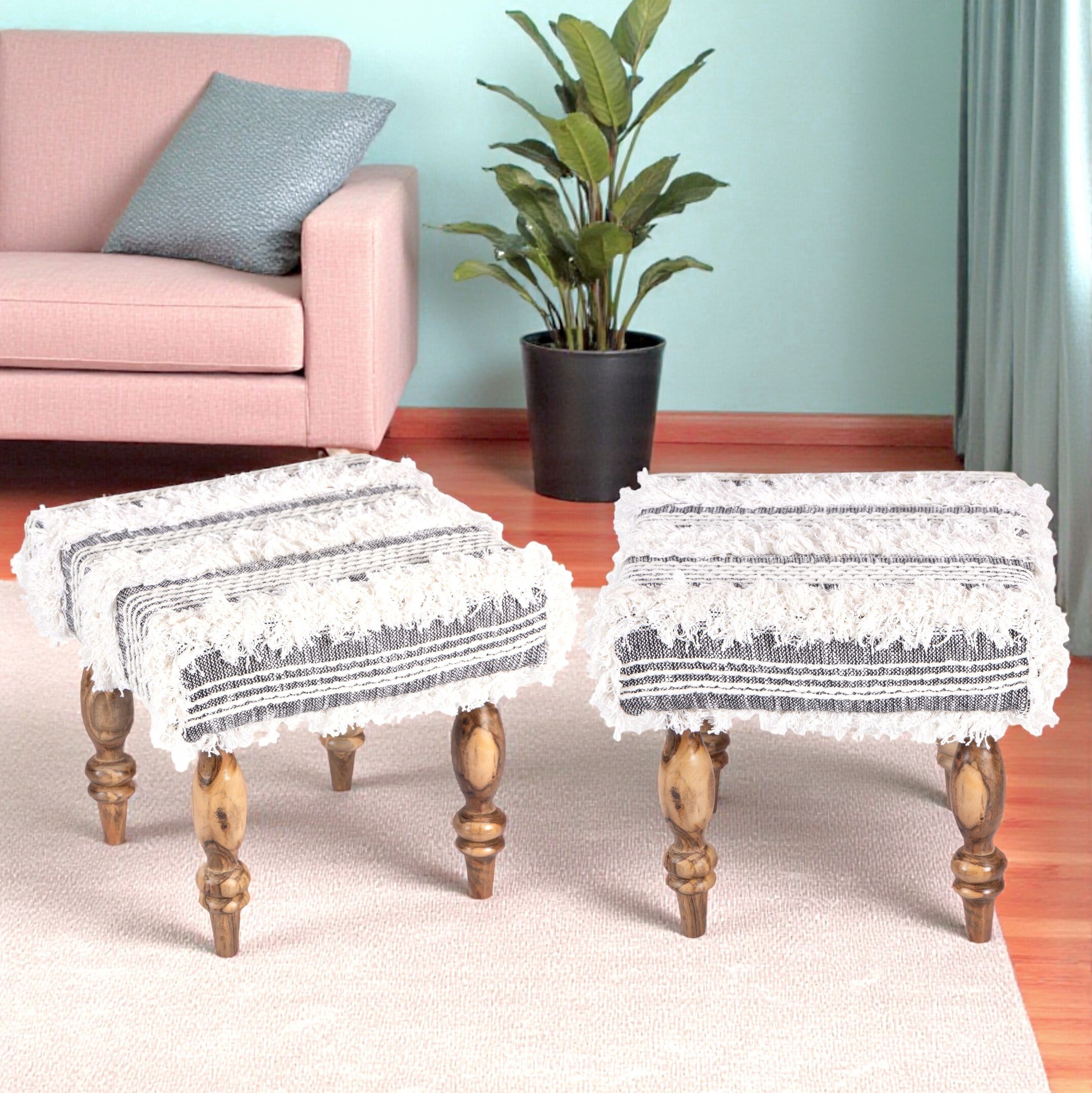 Lisbone Sheesham Wood Mid Century Square Set of 2 Stools in Grey Fabric   Fringes Upholstery