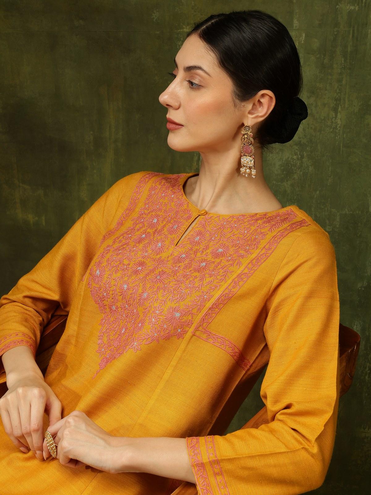 Mustard Silk Crewel Embroidered A-Line Kurta