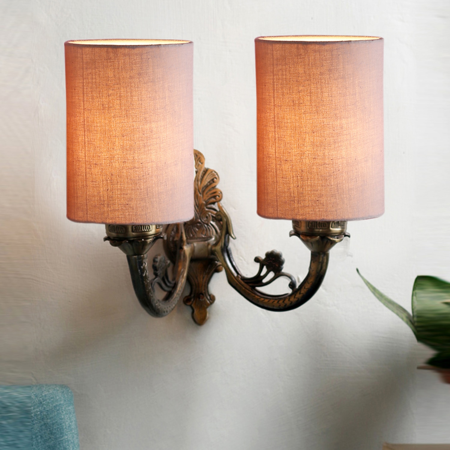 Devansh Metal Electric Wall Light in Antique Gold Colour with Grey Shade Count of 2 Lights - Devansh