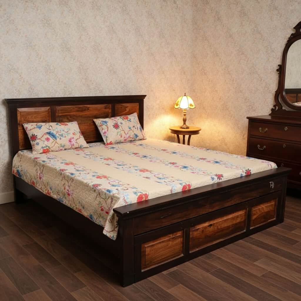 Tsk Solid Wood King Size Bed in Natural & Walnut