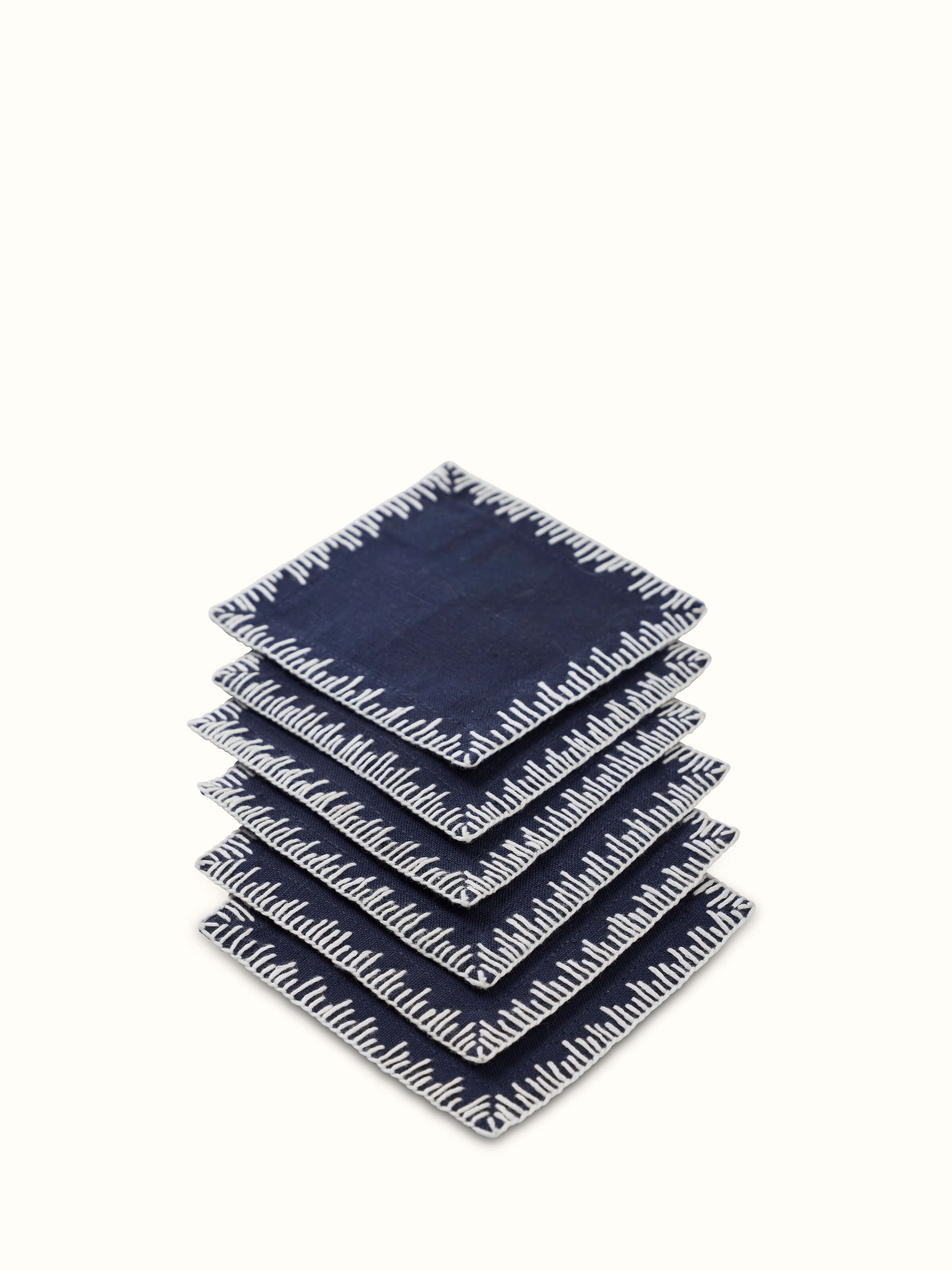 Parvat Indigo Edge Stitch Linen Cotton Hand Embroidered Coaster (6 Pcs)
