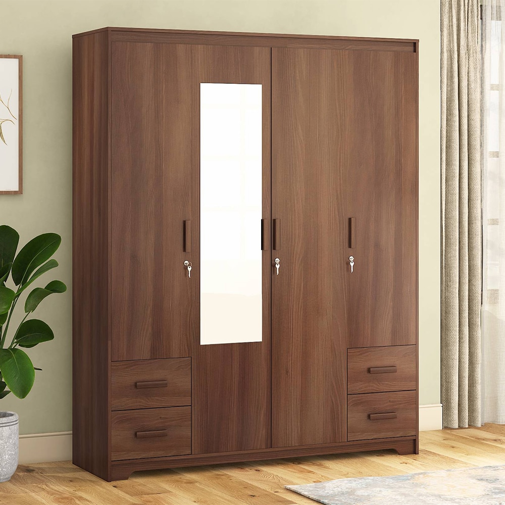 Hilton 4 Doors 4 Drawers Wardrobe With Mirror and Lock in Chestnut Acacia Finish