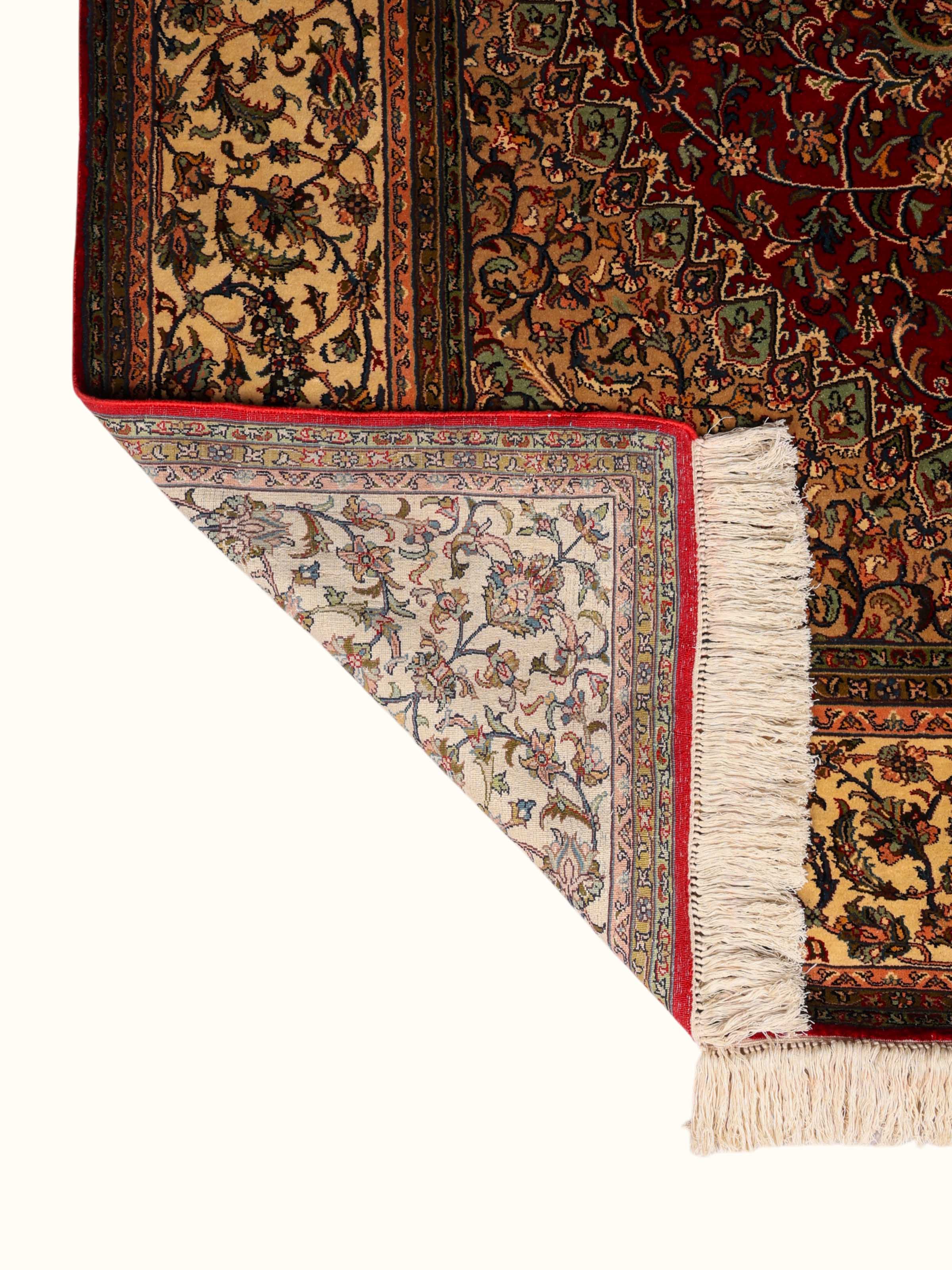 Traditional Persian Red Ivory Kashan Kashmir Silk Hand-Knotted Carpet