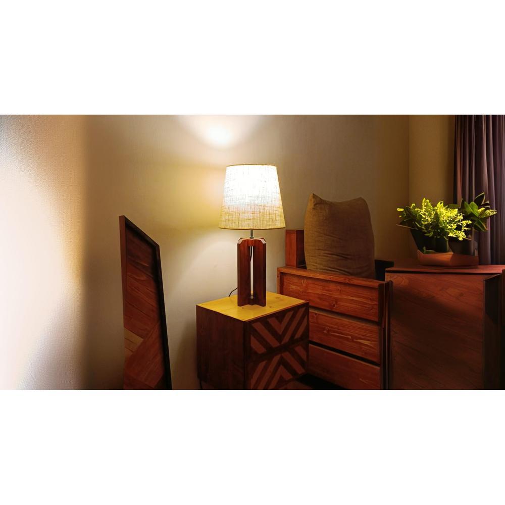 Stella Brown Wooden Table Lamp with White Fabric Lampshade
