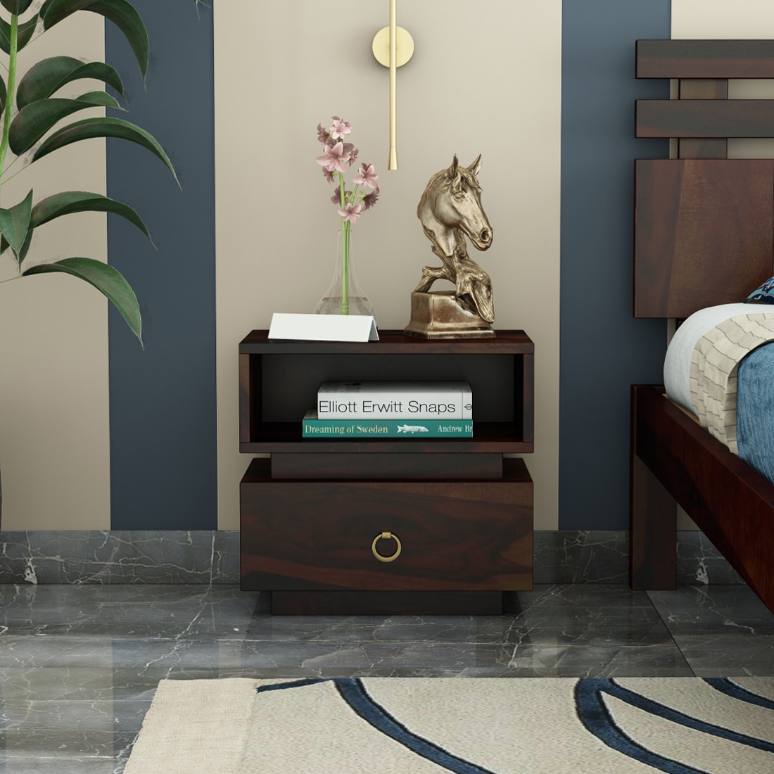 Kaka Solid Wood Bedside Table in Walnut Finish