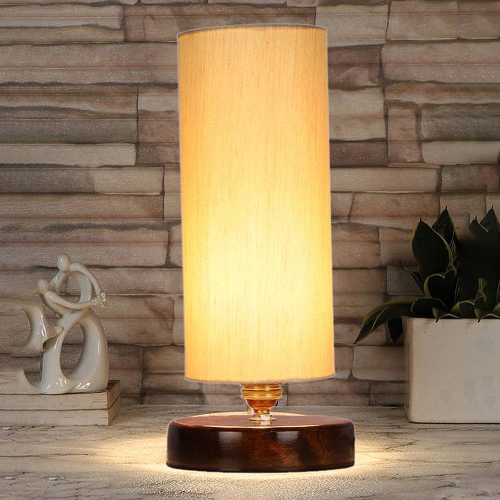 Scarlett off-white cotton table lamp with brown wood base