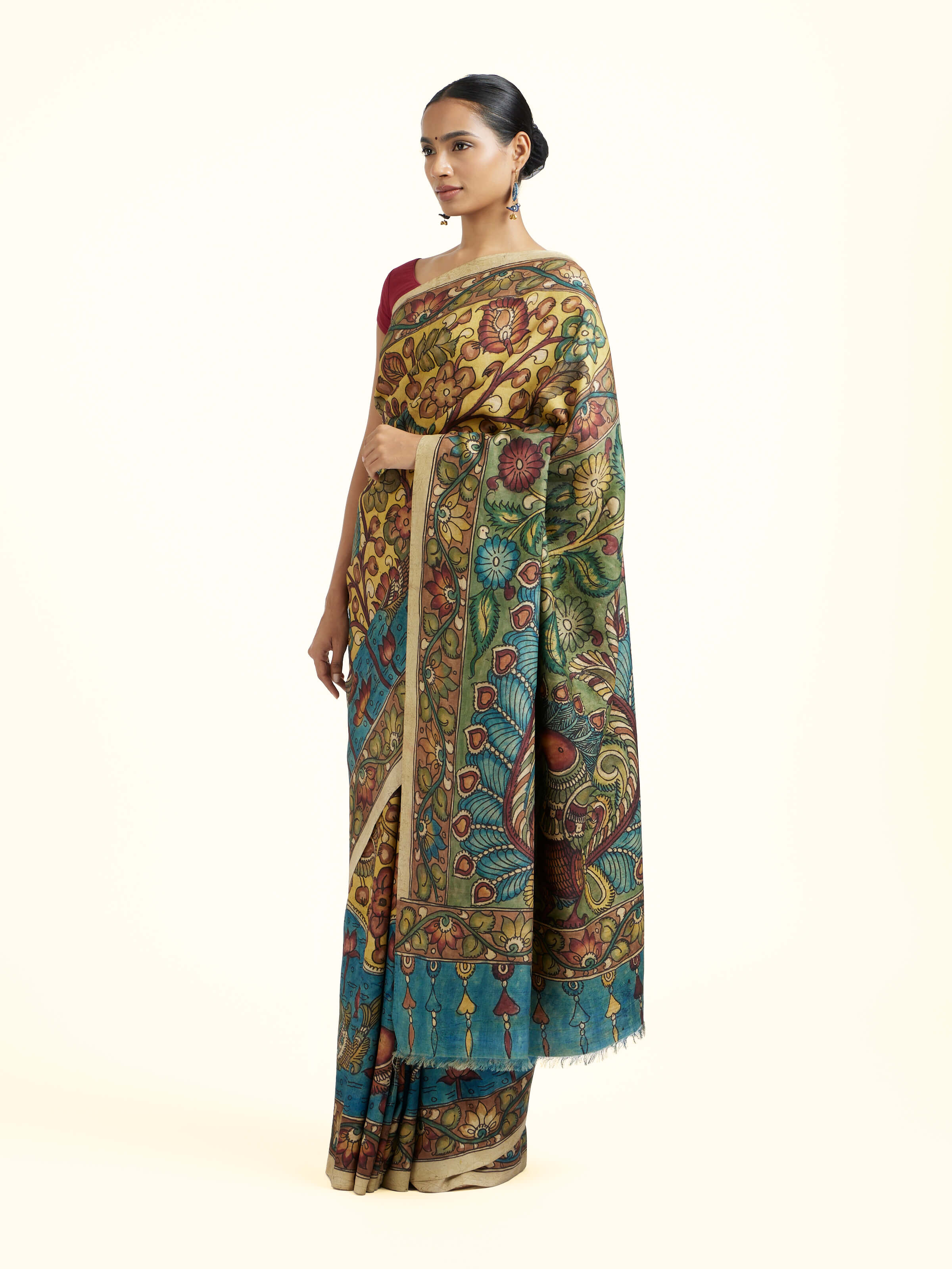 Multicolor Silk Kalamkari Handpainted Saree