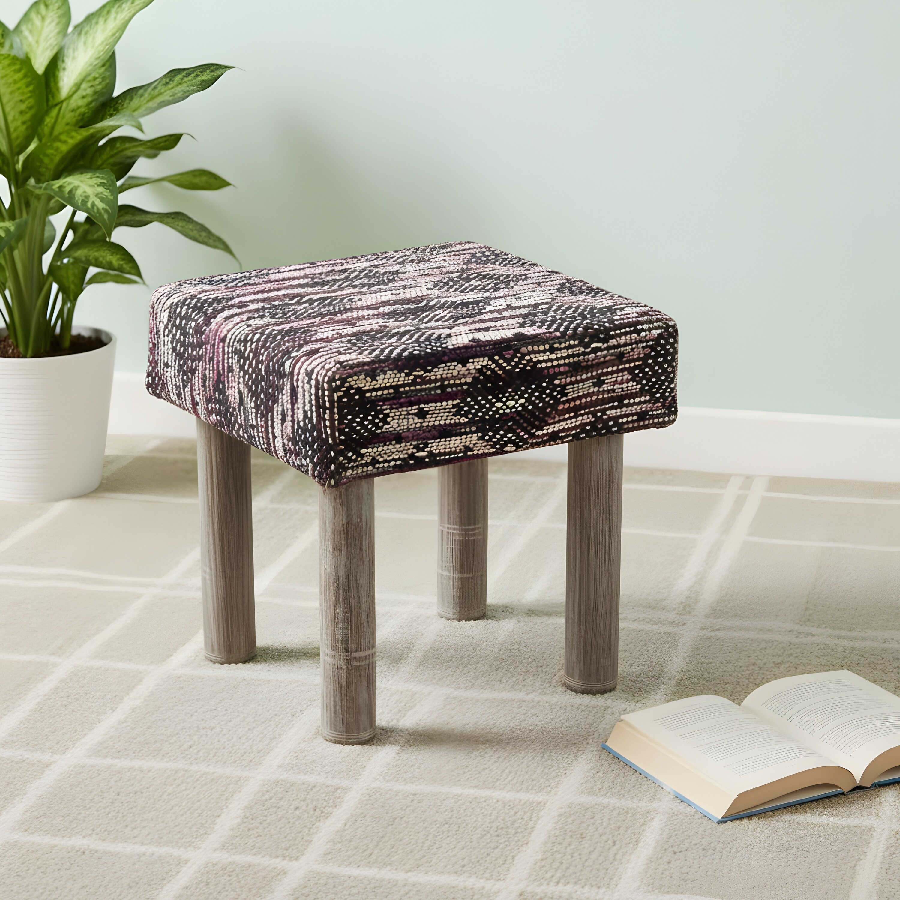 Lisbone Solid Wood Stool in Black Diamond Jackard fabric