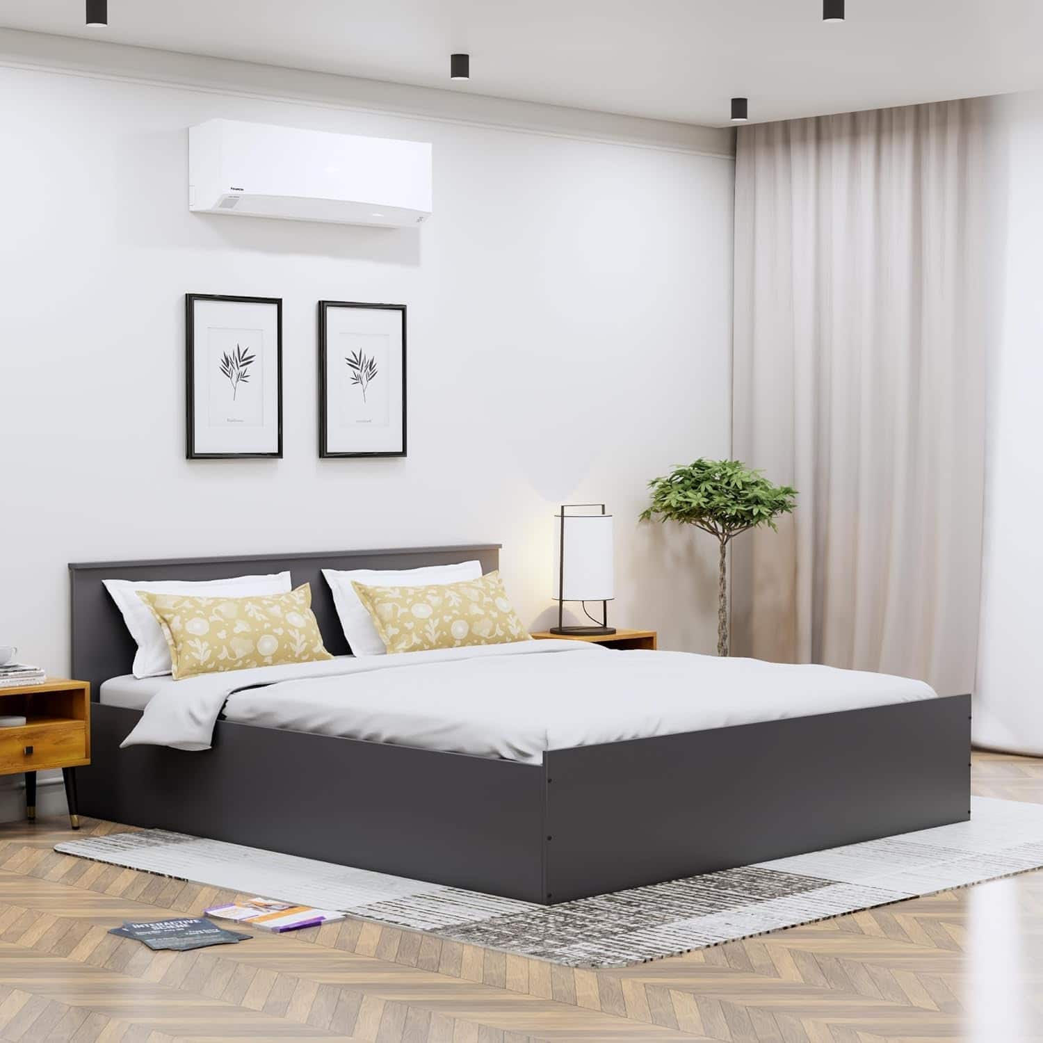 Hexa Engineered Wood Modern Queen Bed With Headboard With Storage In Frosty White And Giant Wood - HexaRed