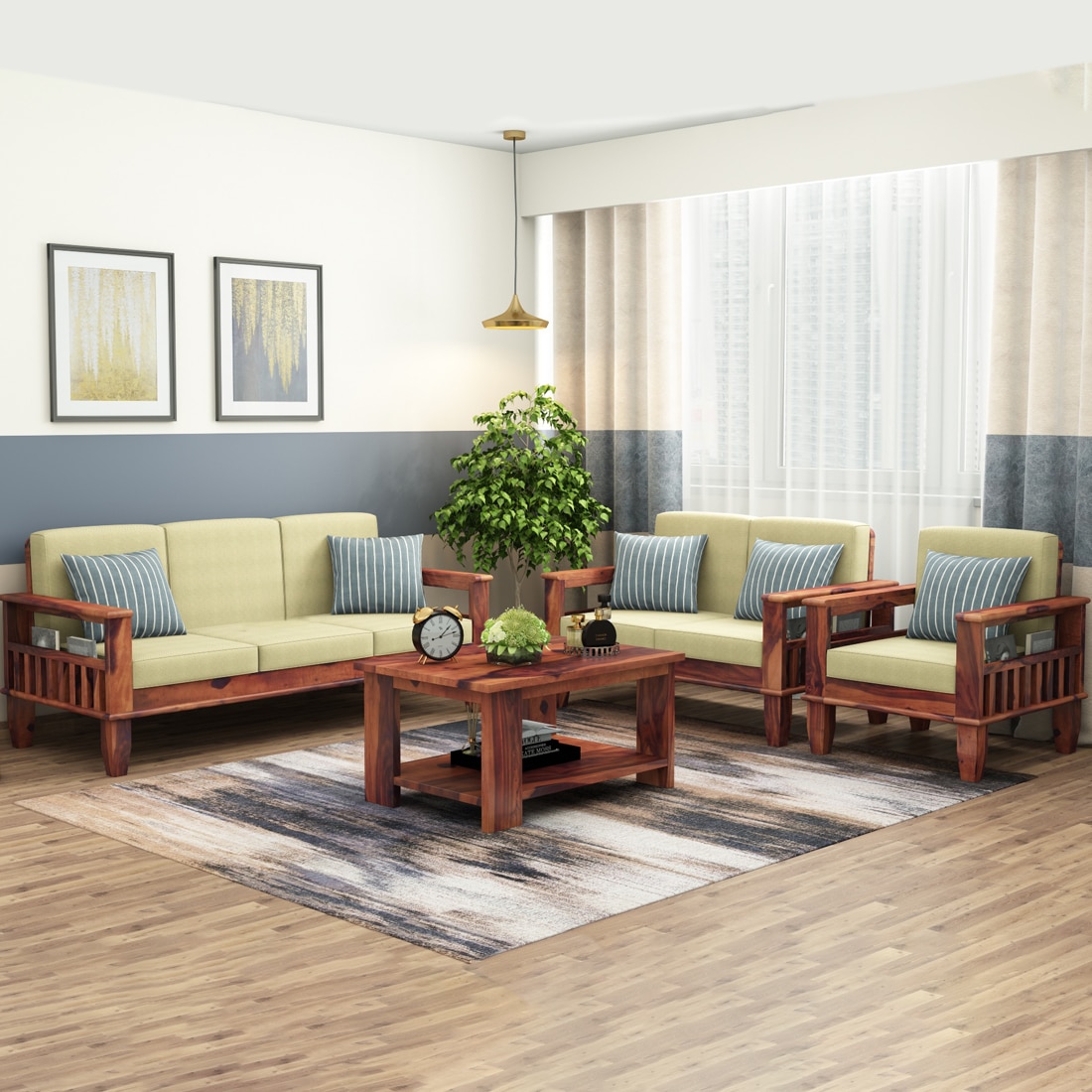 Madhavi 3+2+1 Seater Wooden Sofa (Creame Colour, Teak Finish)