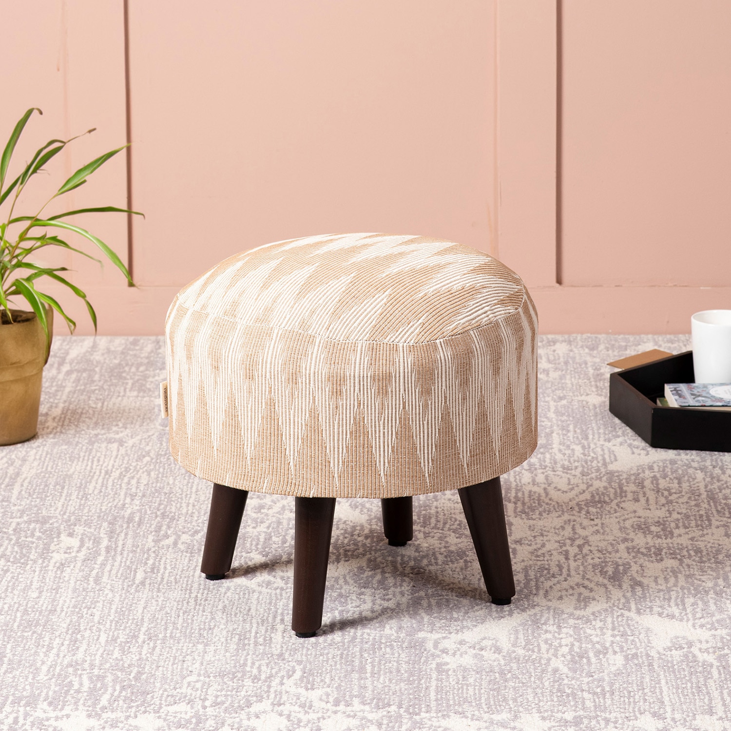 Crest Jacquard Wooden Ottoman in Beige Color - Nestroots