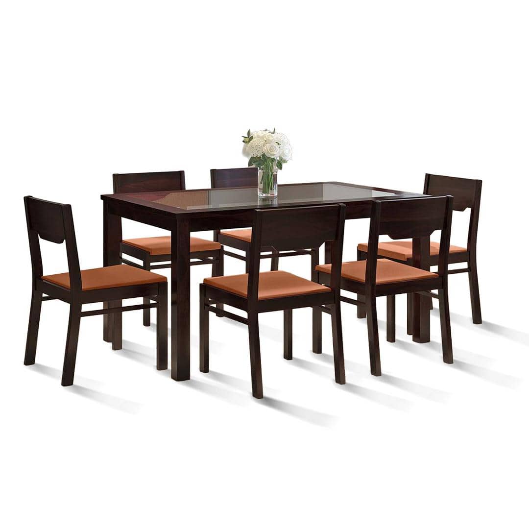 Floyd 6 Seater Dining Table, Glass Top With Set Of 6 Kerry Dining Chairs (Colour- Burnt Orange, Finish- Mahogany)