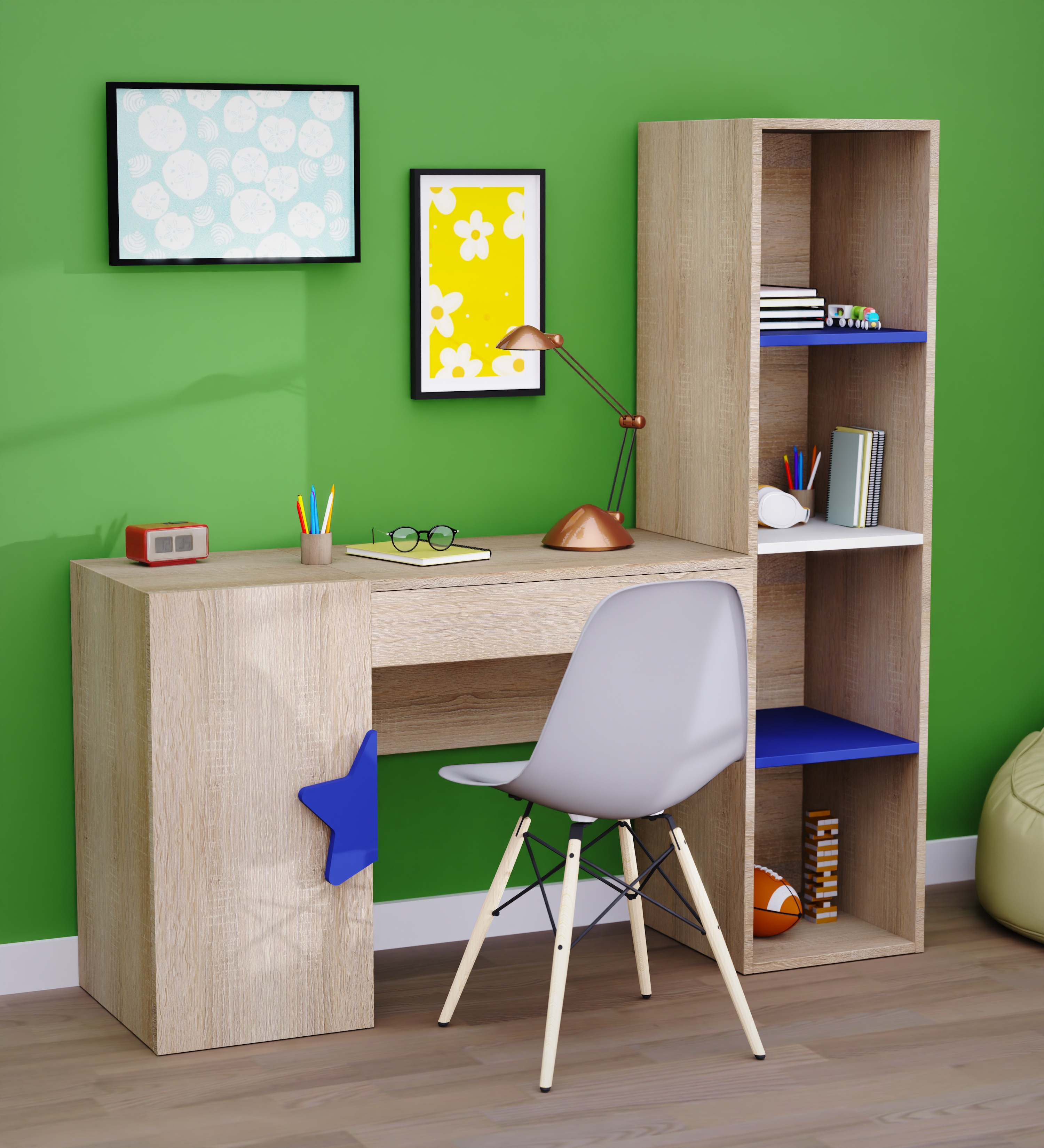 Joy Ride Study Table In Oak & Blue Colour
