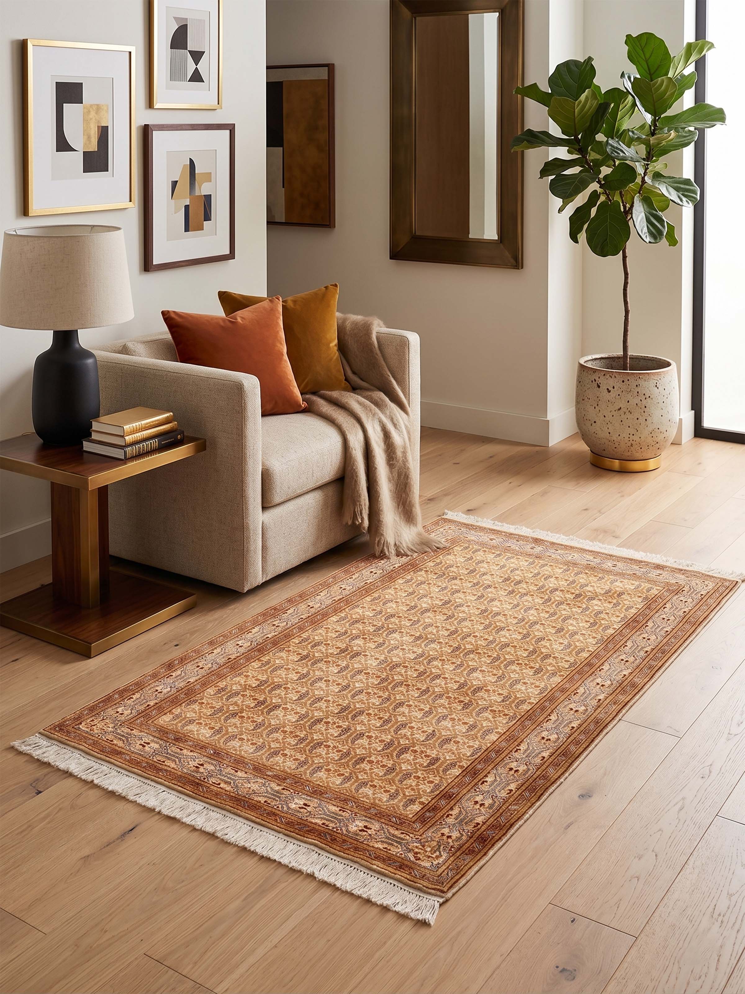 Traditional Persian Ivory Senneh Kashmir Silk Hand-Knotted Carpet