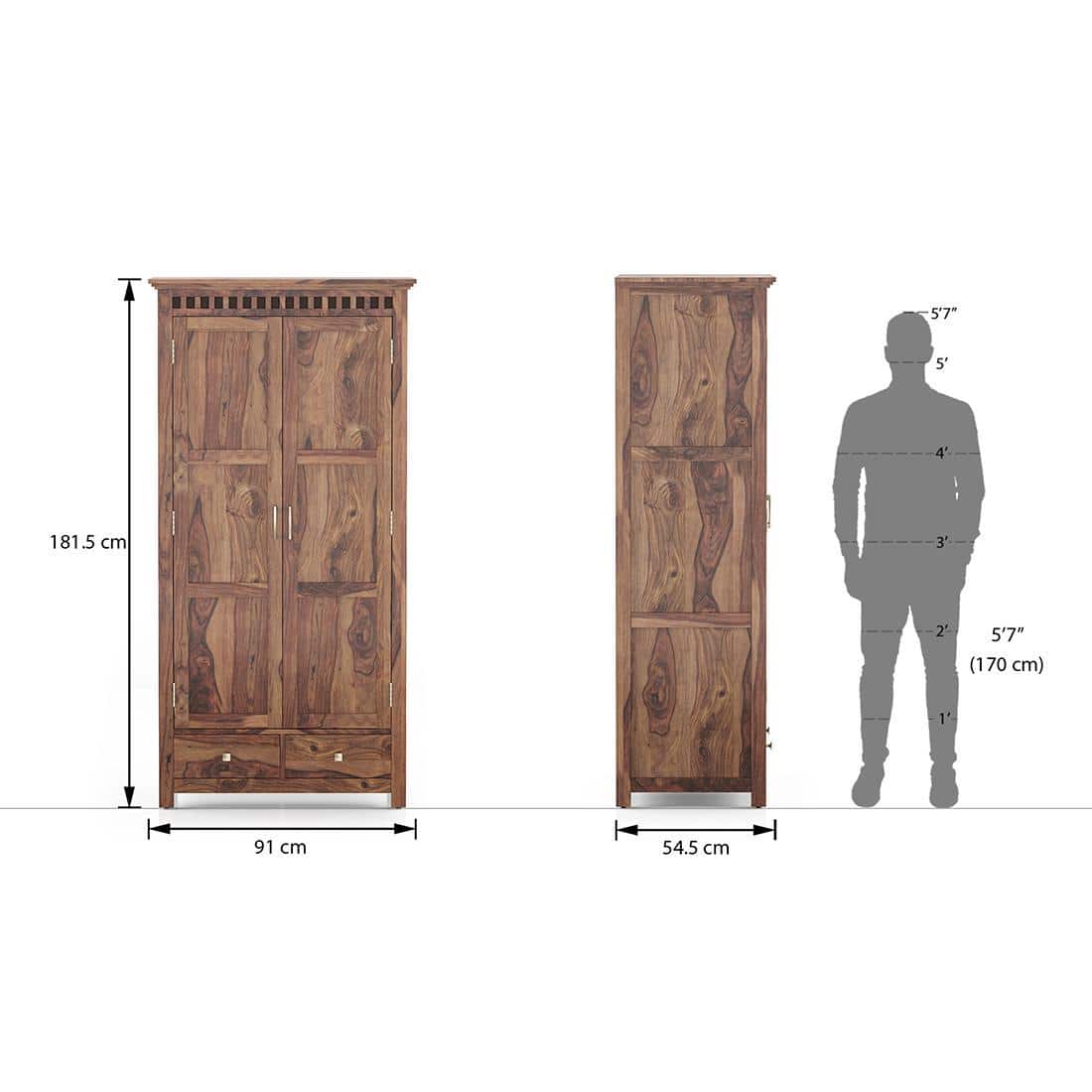 Fidora Solid Wood 2 Door Wardrobe in Teak Finish