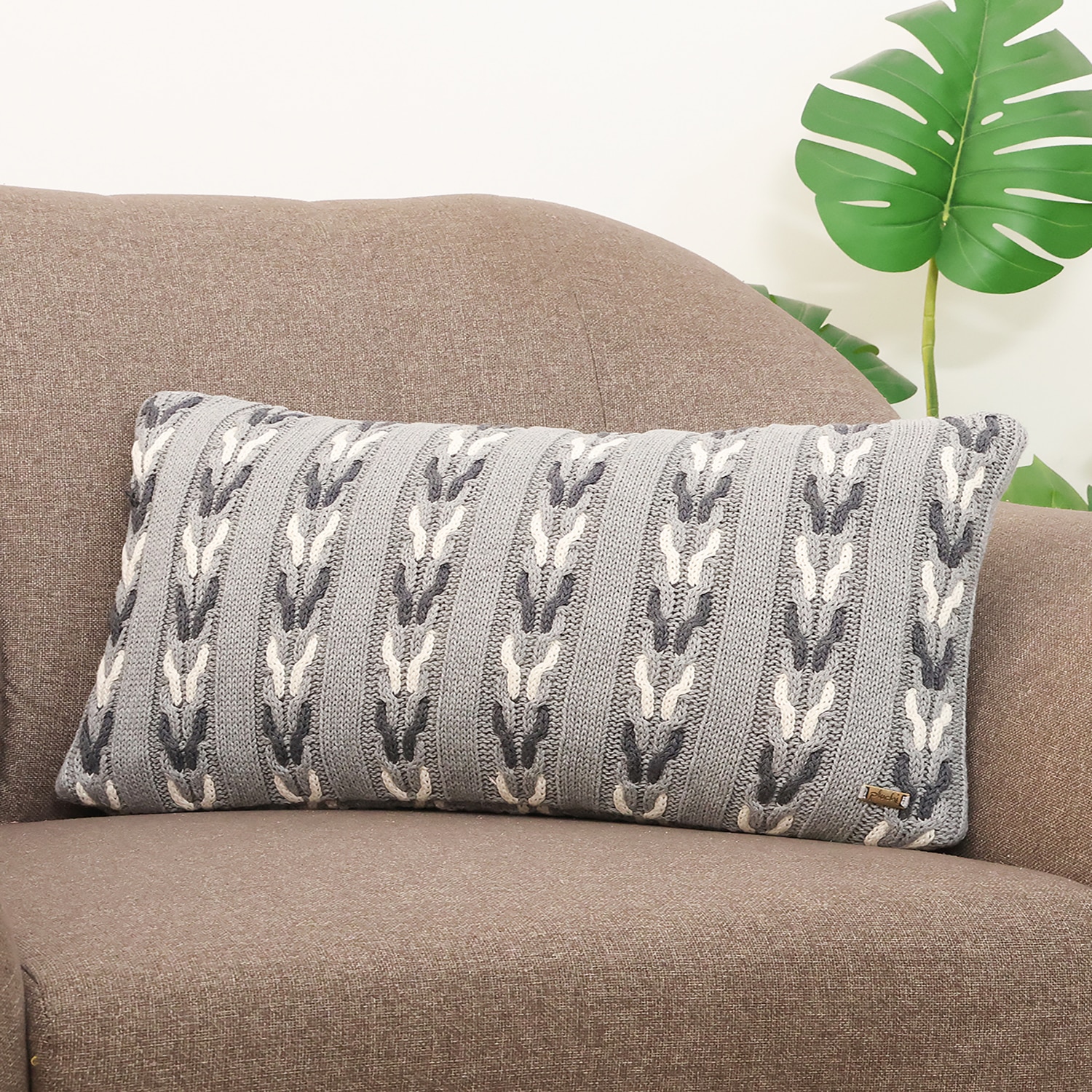 Margot Grey Cotton Knitted Cushion Cover 12X20 Inches - Pluchi