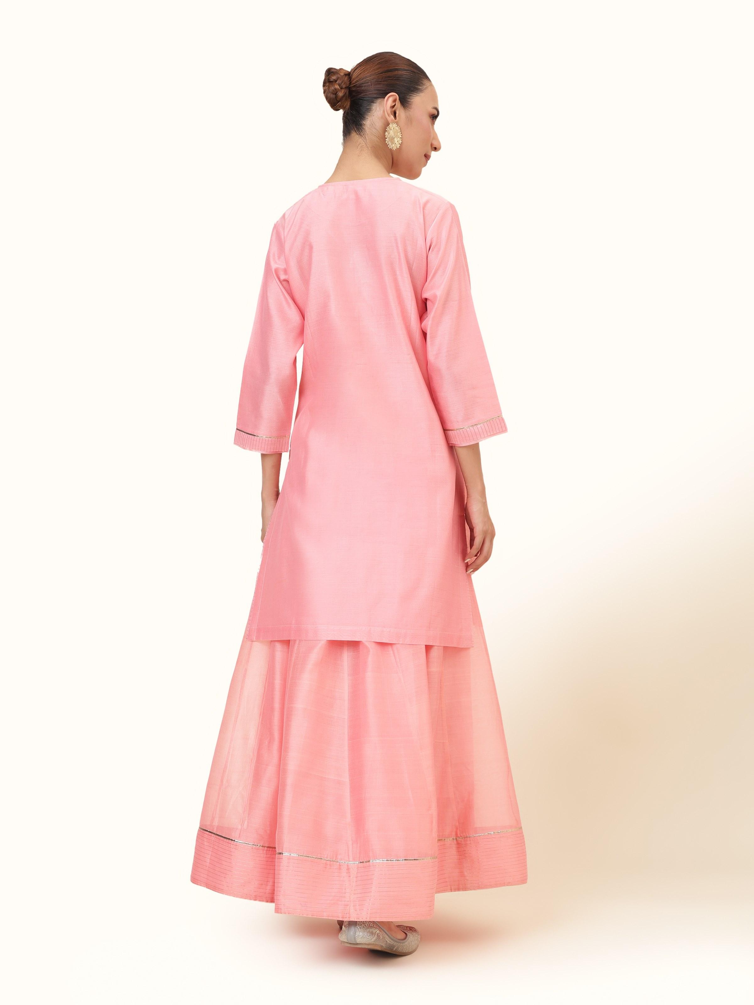 Back view of pink cotton silk Chanderi tunic showing seam and collar design.