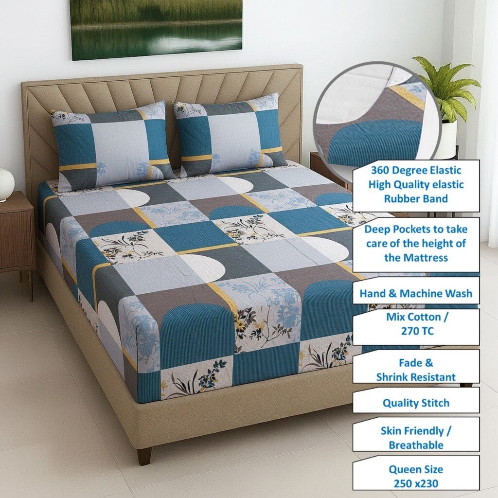 Blue Floral 270 TC Glaze Cotton Fitted Queen Size Bedsheet With 2 Pilllow Covers