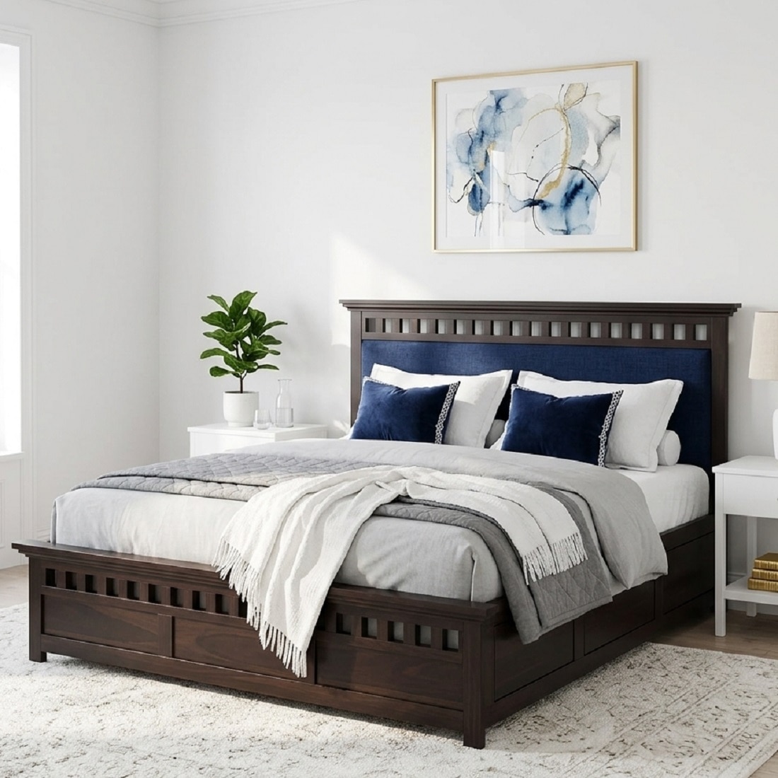 Fiora Box Storage Solid Wood Bed King Size in Rose Wood Finish