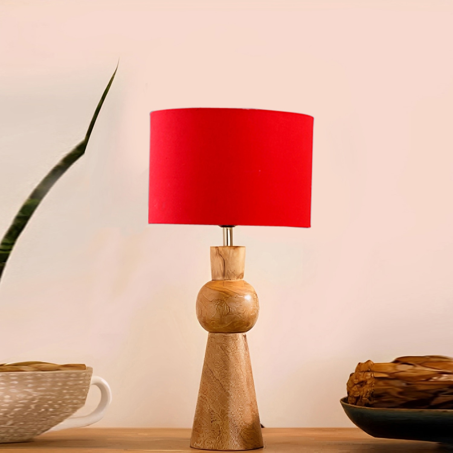Devansh Red Cotton Table Lamp With Wood Natural Base (7X18.25 Inches)-4