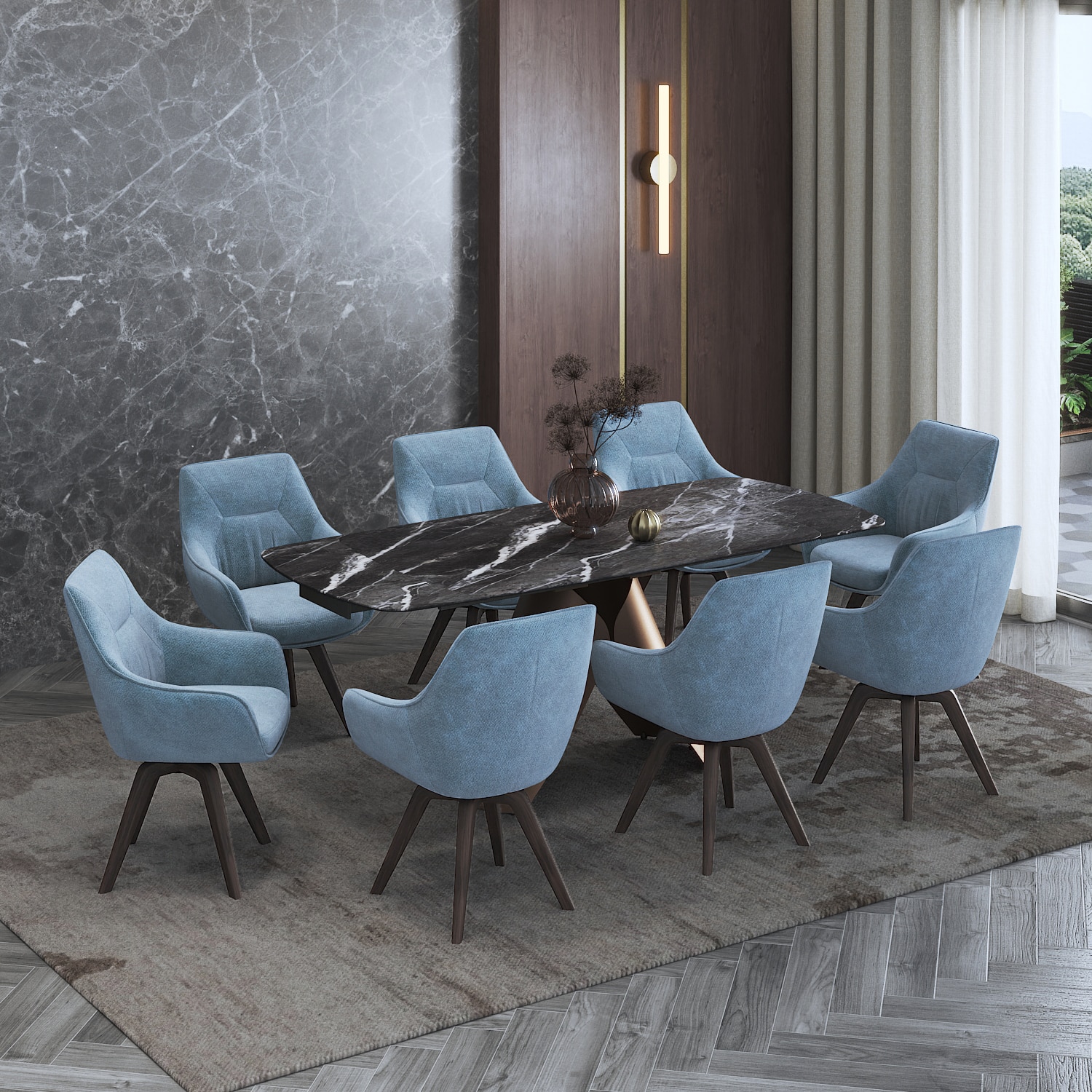 Aeris Ceramic 6 to 8 Seater Extendable Dining Table With Set of 3 Selene Dining Chair