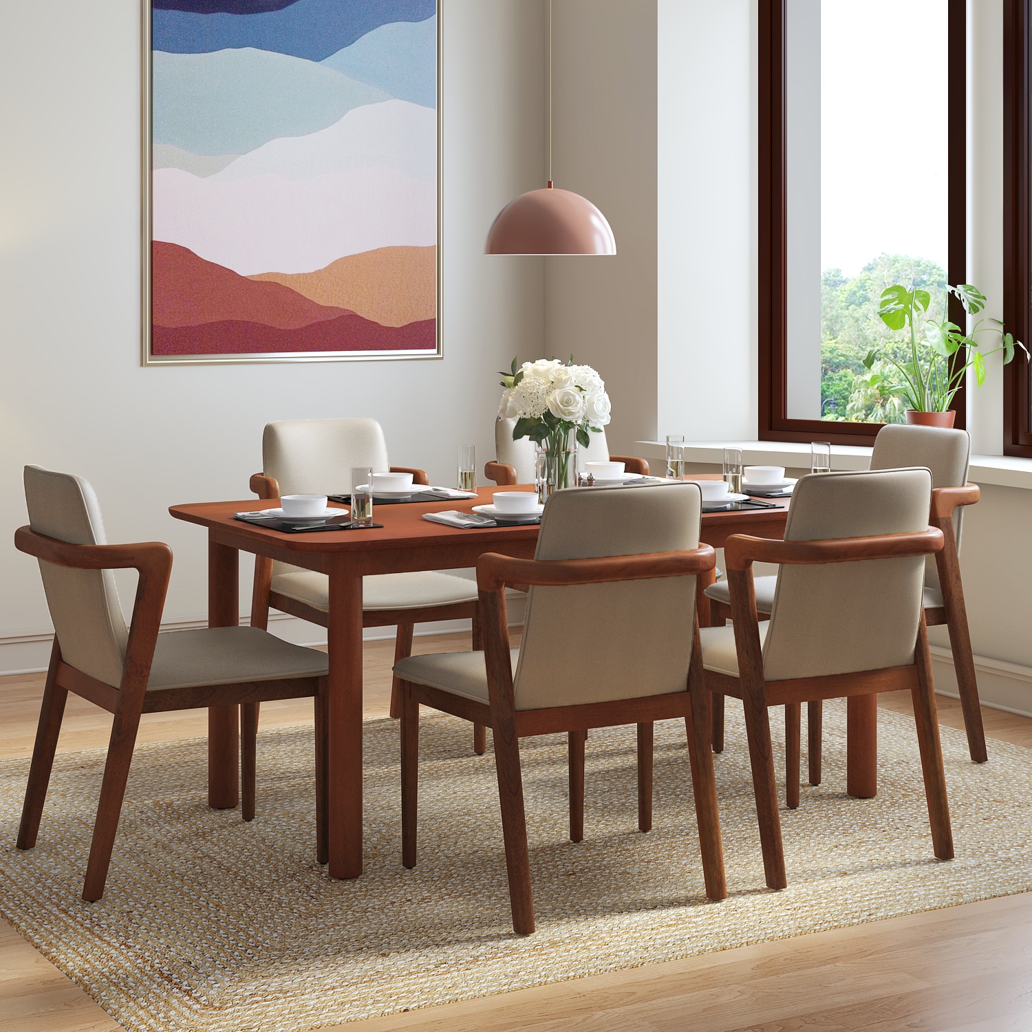 Dane Solid Wood Dining Table 6 Seater with 6 Harper Single Solid Wood Dining Chairs (Finish: Honey, Colour: Taupe Leatherette) - Urban Ladder