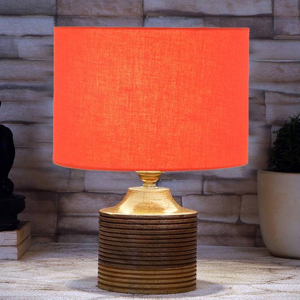 Amara Orange cotton table lamp with Natural Wood Base