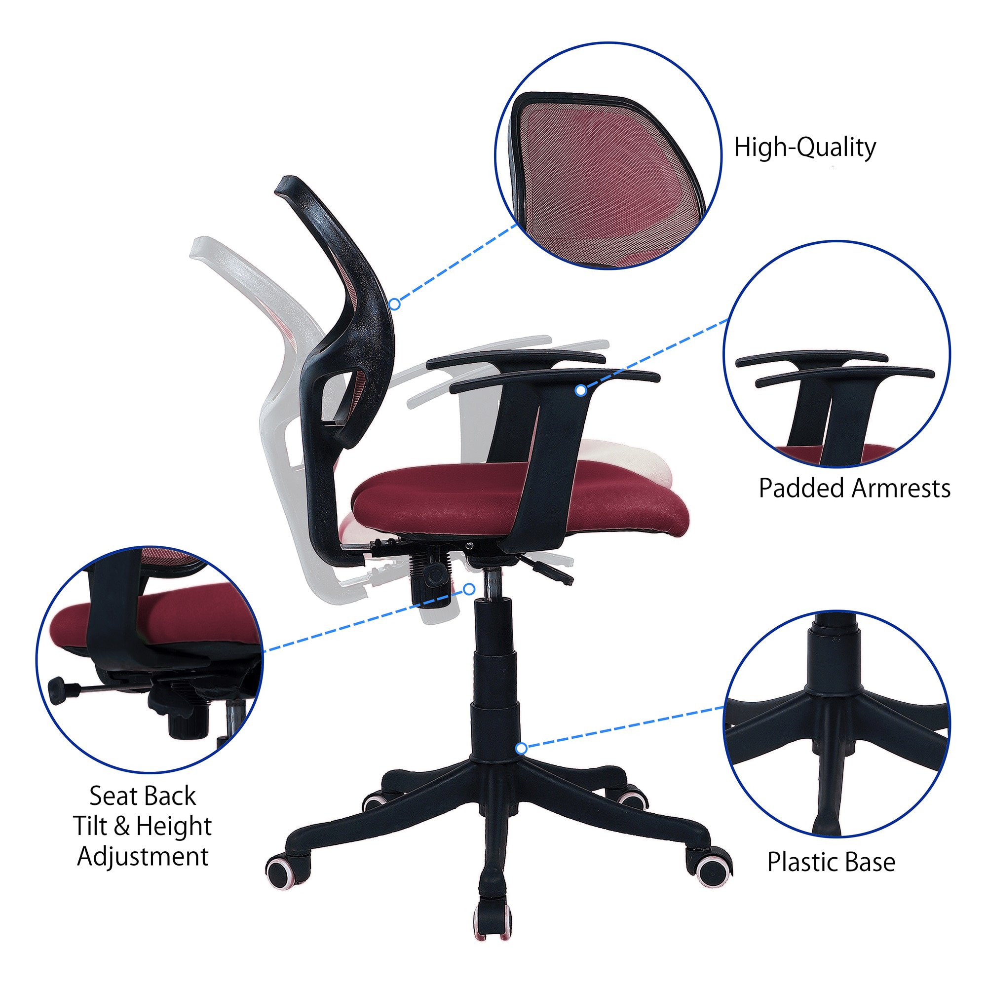 Jaazza Low Back Ergonomic Chair in Maroon Colour
