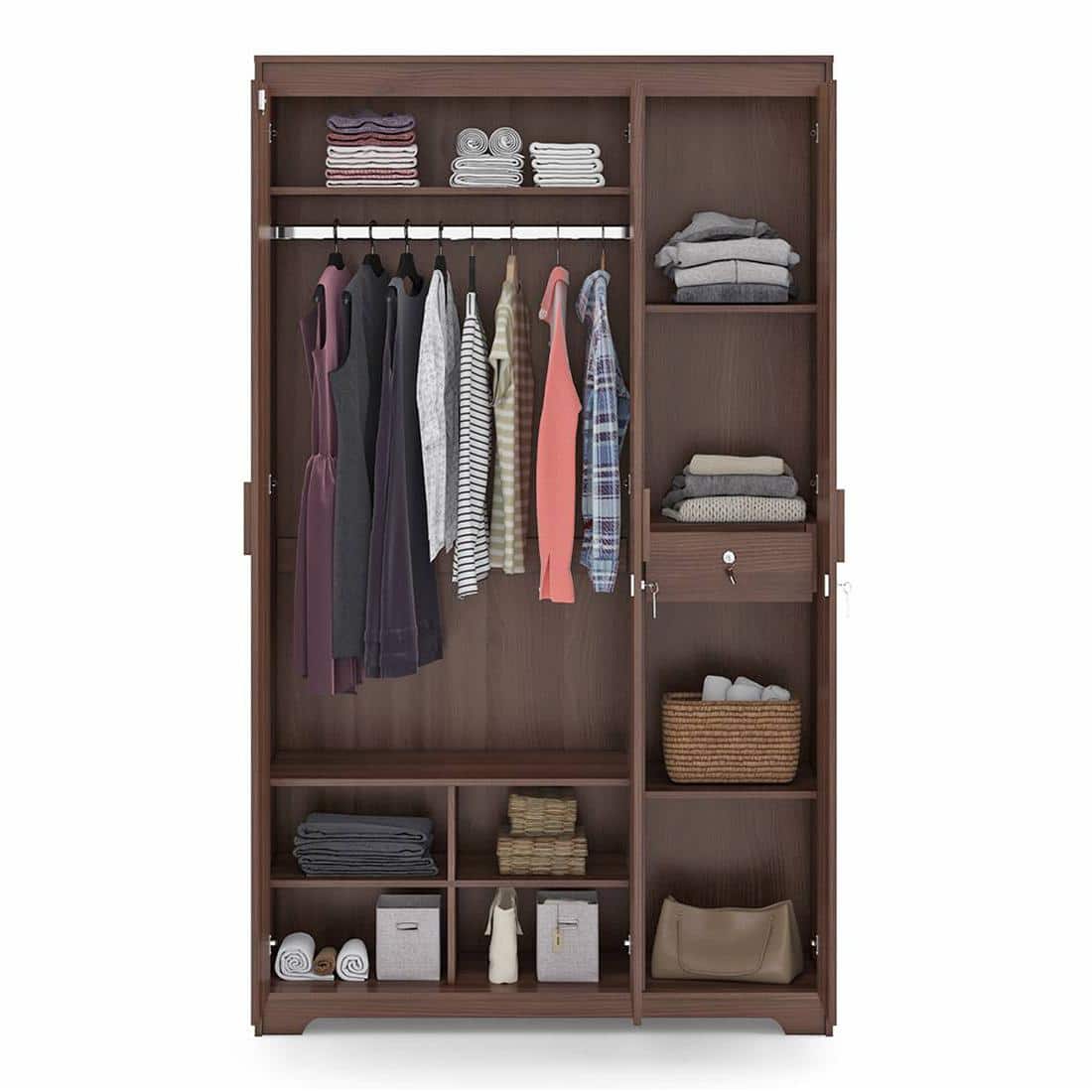 Hilton 3 Door 1 Drawer Wardrobe With Mirror and Lock in Chestnut Acacia Finish