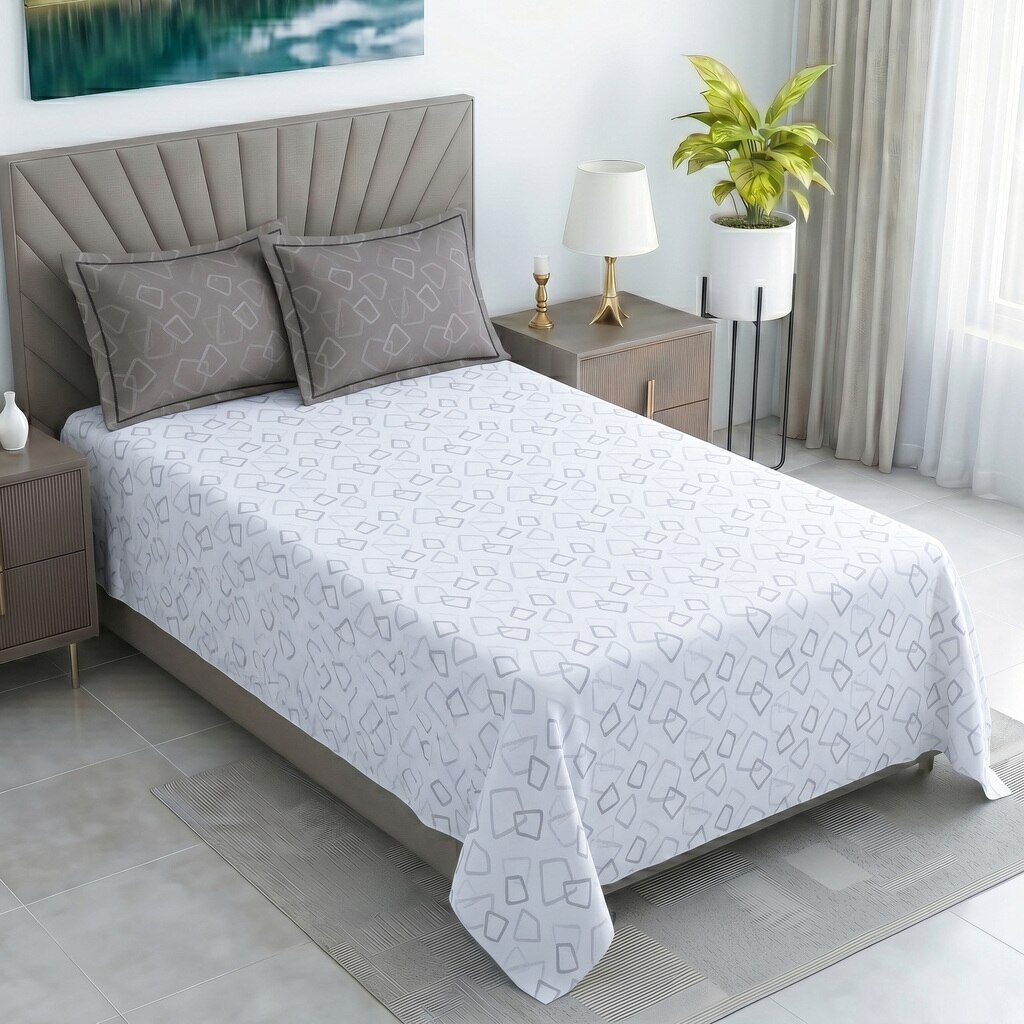 White And Grey  Geometric Cotton  400 Tc  Flat  Single Bed Size Bedsheet With 2 Pillow Covers - Threads