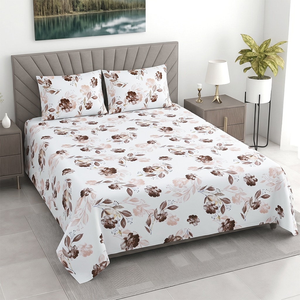 White Floral 400 Tc Cotton Flat Super King Size Bedsheet With 2 Pillow Cover
