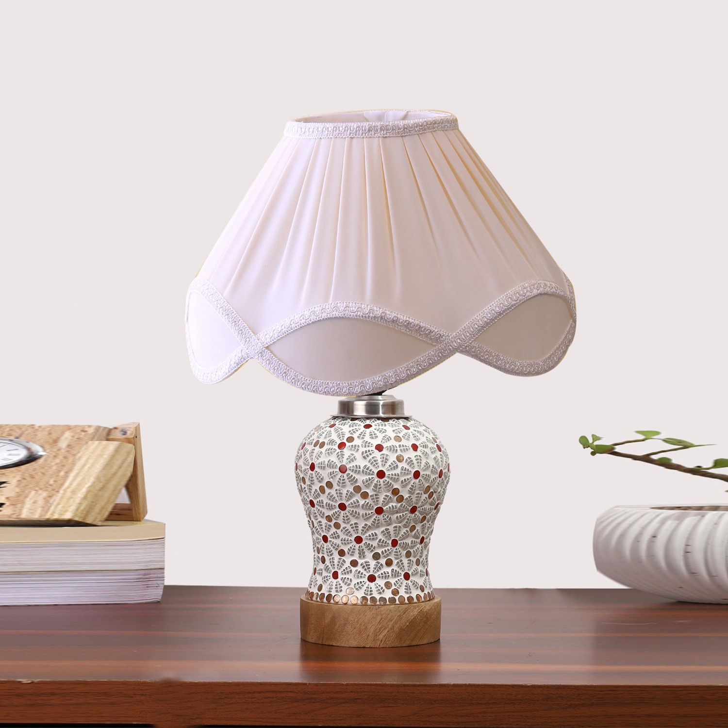 Devansh Off-White Vintage  Cotton Pleated Shade Lamp With Wood & Mosaic Glass Base For Decoration/Office/Home/Gifting/Study For Decoration/Office/Home/Gifting/Study
