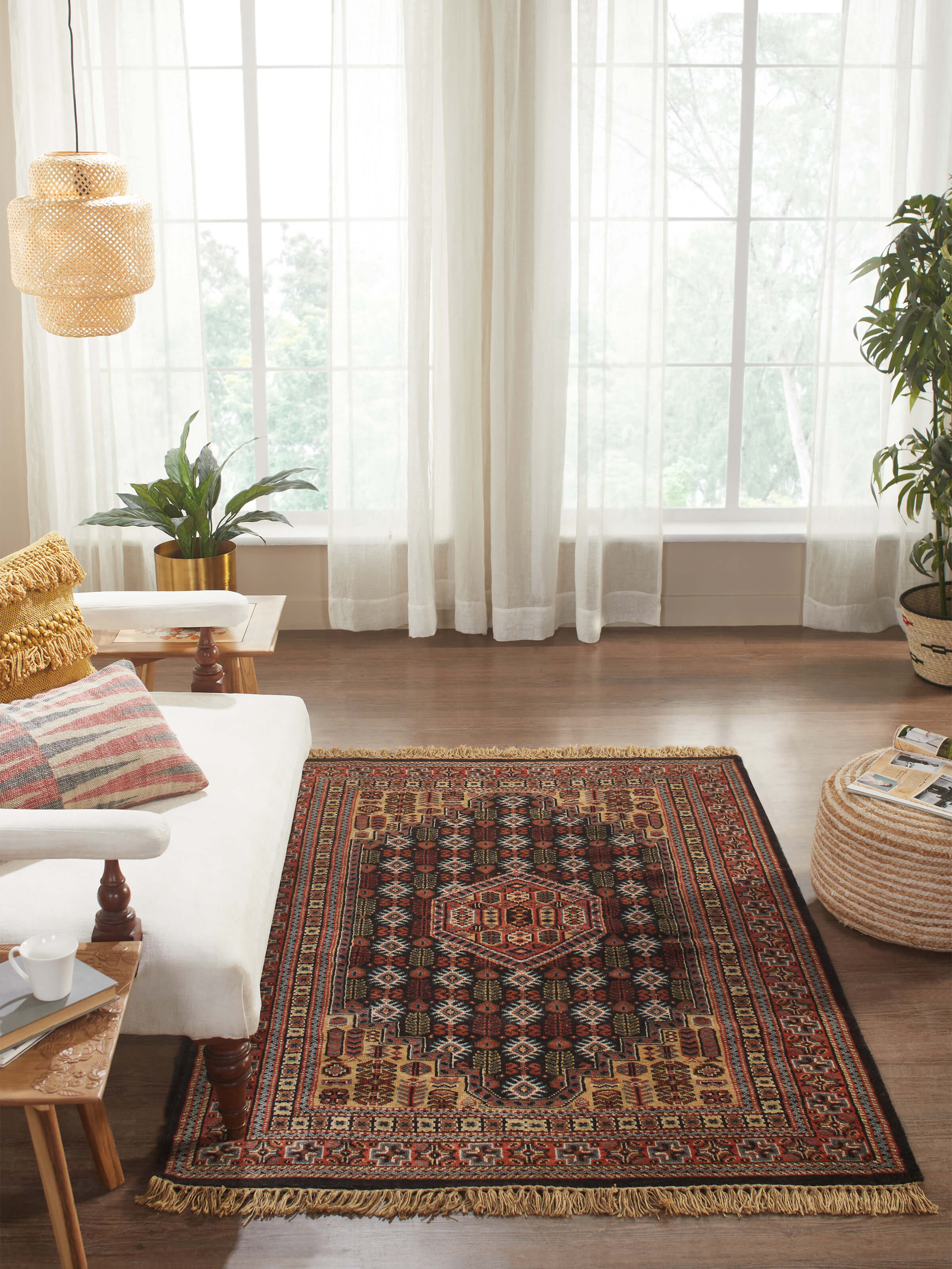 Close-up of Persian Shiraz Gwalior Wool Hand-Knotted Rug, highlighting the fine wool texture and detailed design.