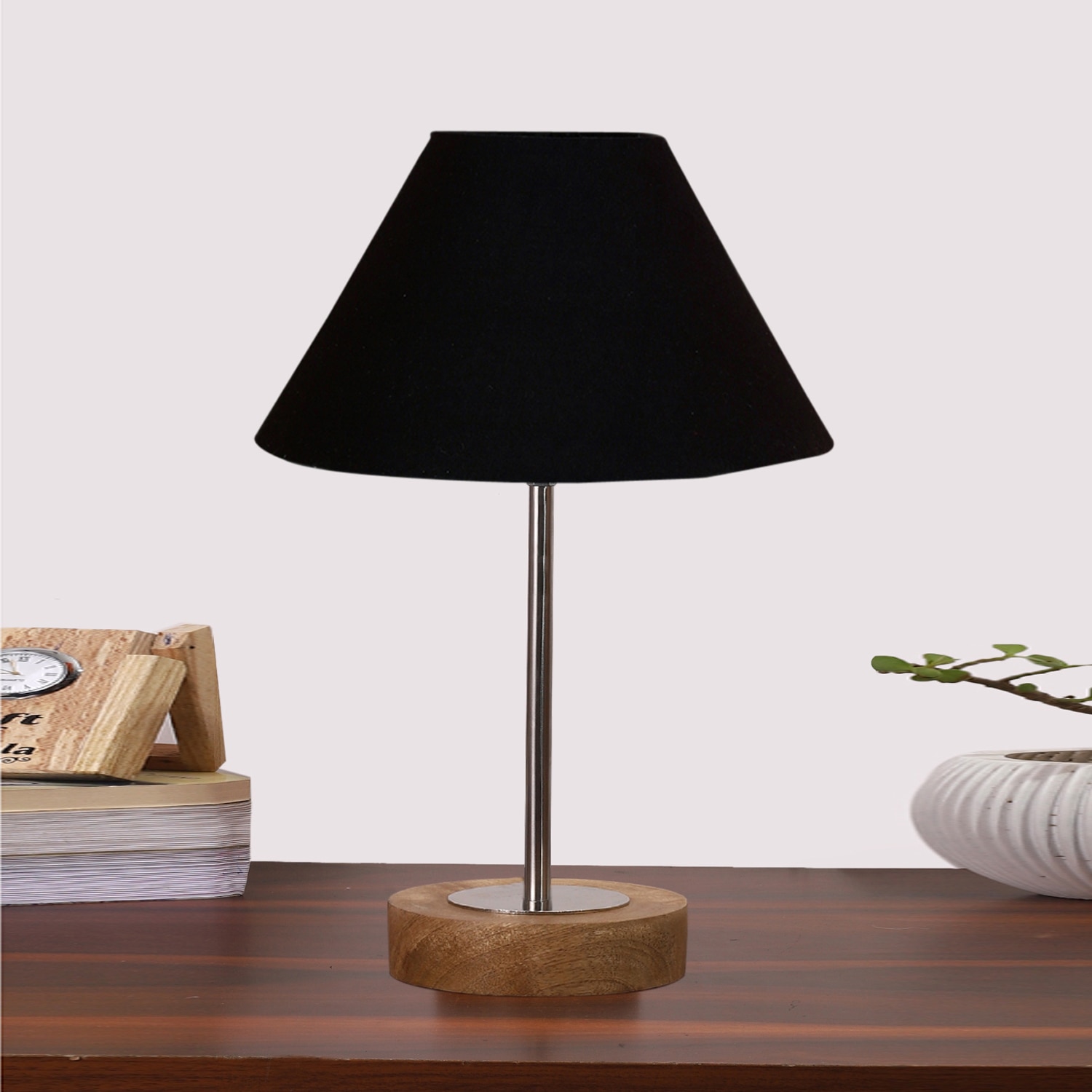Devansh Black Cotton Table Lamp With  Natural  Wood Base  & Steel Pipe (10X16.25 Inches)-28
