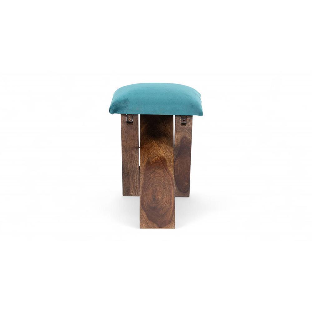 Dayton Sheesham Wood Accent Square Set of 2   Stools in Turquoise Sea Velvet Upholstery