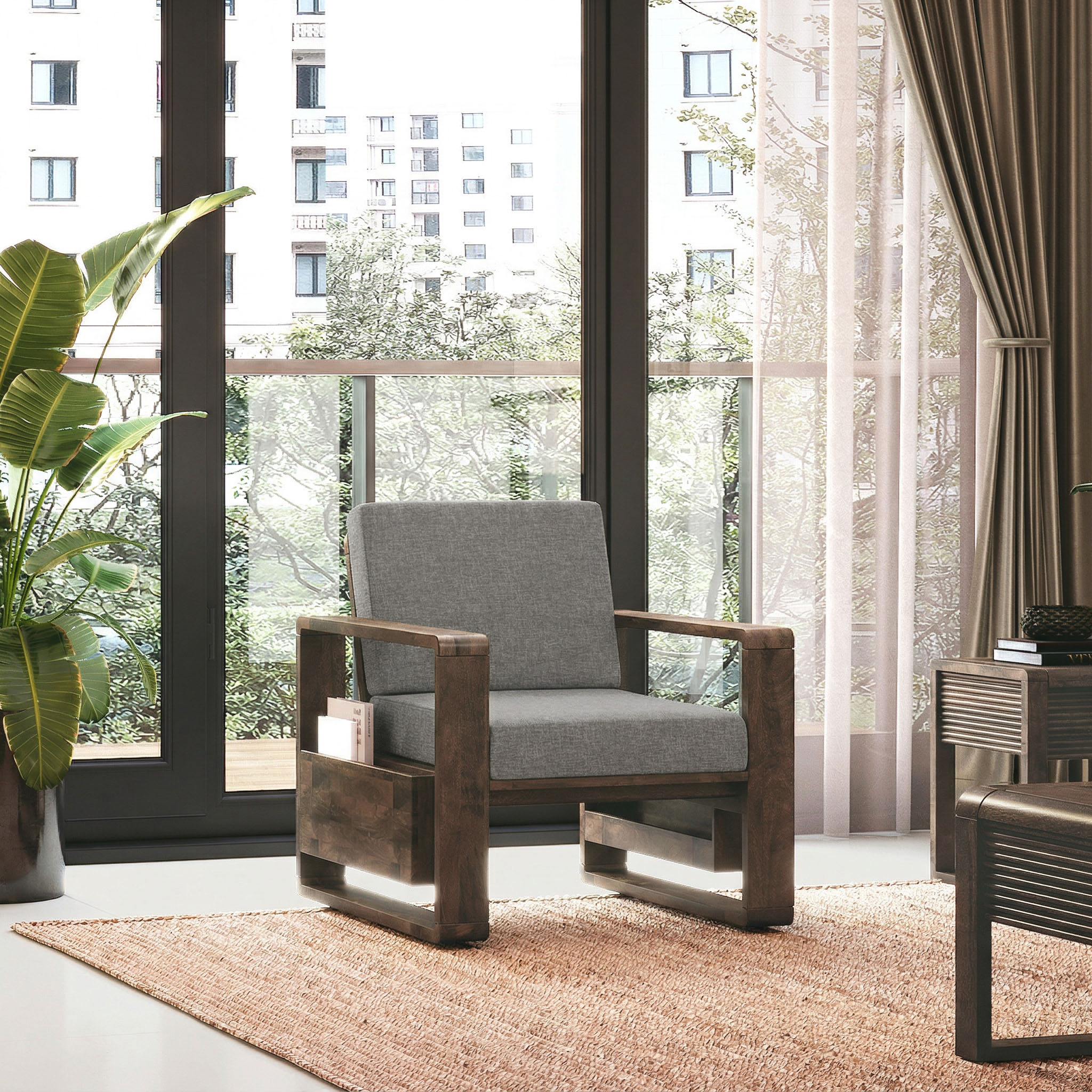 Moreno Single Seater Solid Wood Sofa In Danish Walnut Finish with Flint Grey Futon Colour