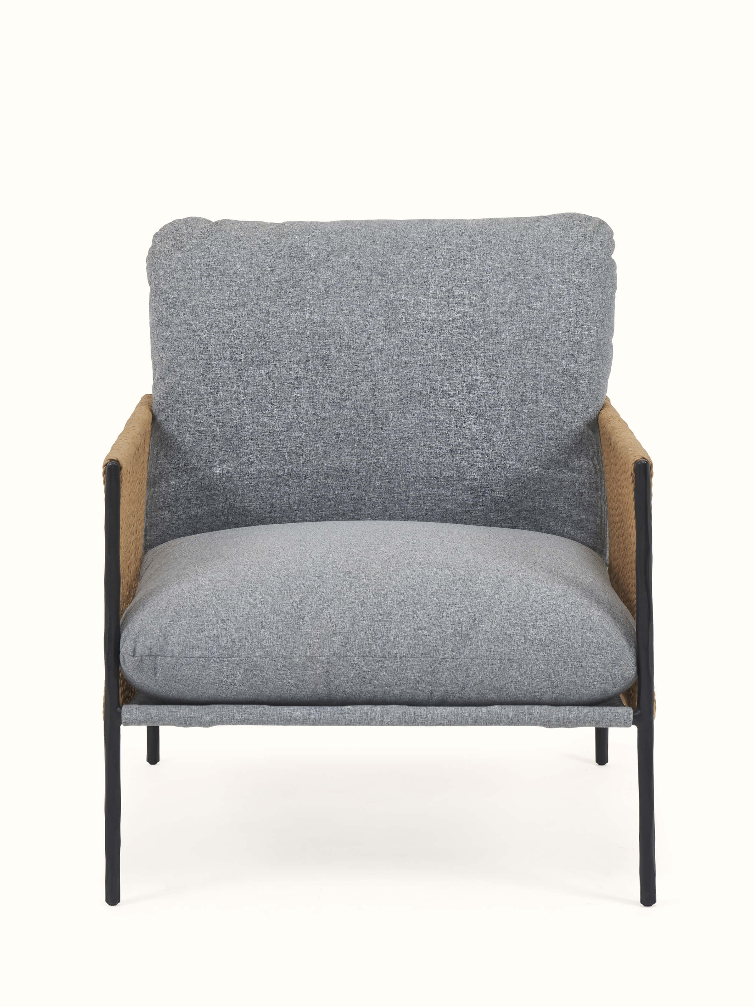 Front view of Upholstered Metal Paper Cord Weave Armchair with intricate paper cord weaving and durable metal frame.