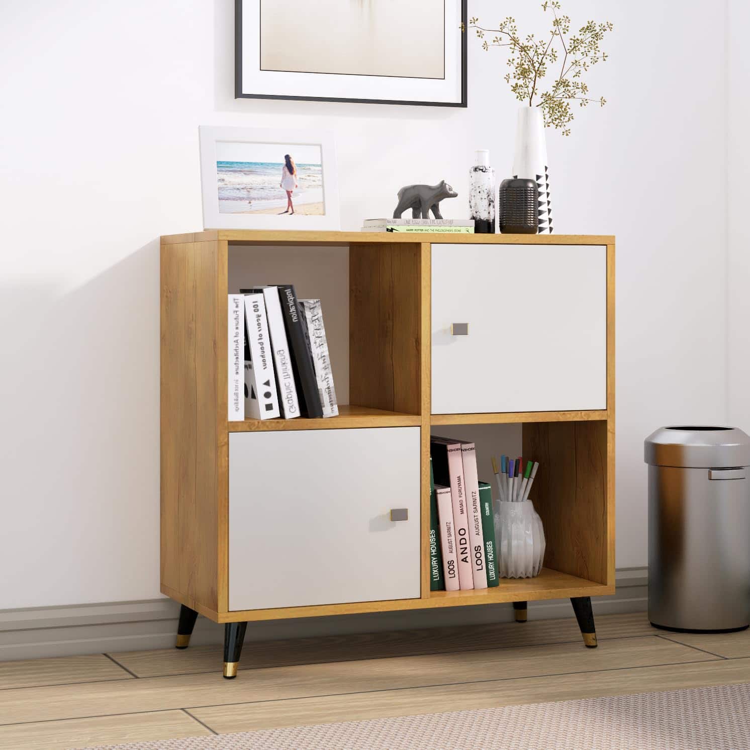 Hexa Engineered Wood Bookshelf Multipurpose Storage Rack in Giant Wood and Frosty White Colour - HexaRed