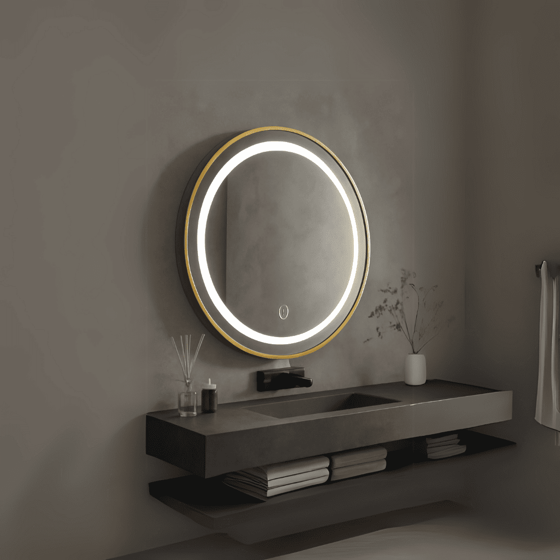 Round LED Mirror with Gold Aluminium Frame Modern Circular Vanity Mirror