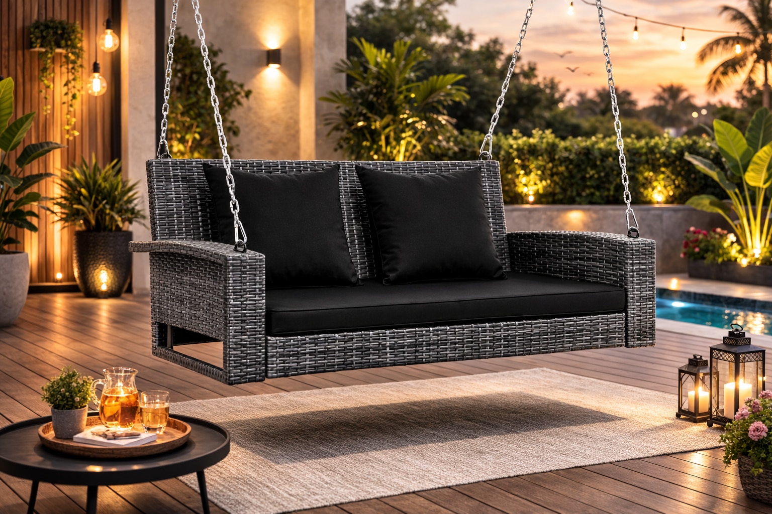 Carry Bird Wicker Patio Furniture Outdoor Balcony Swings In Grey And Black Colour - Carrybird