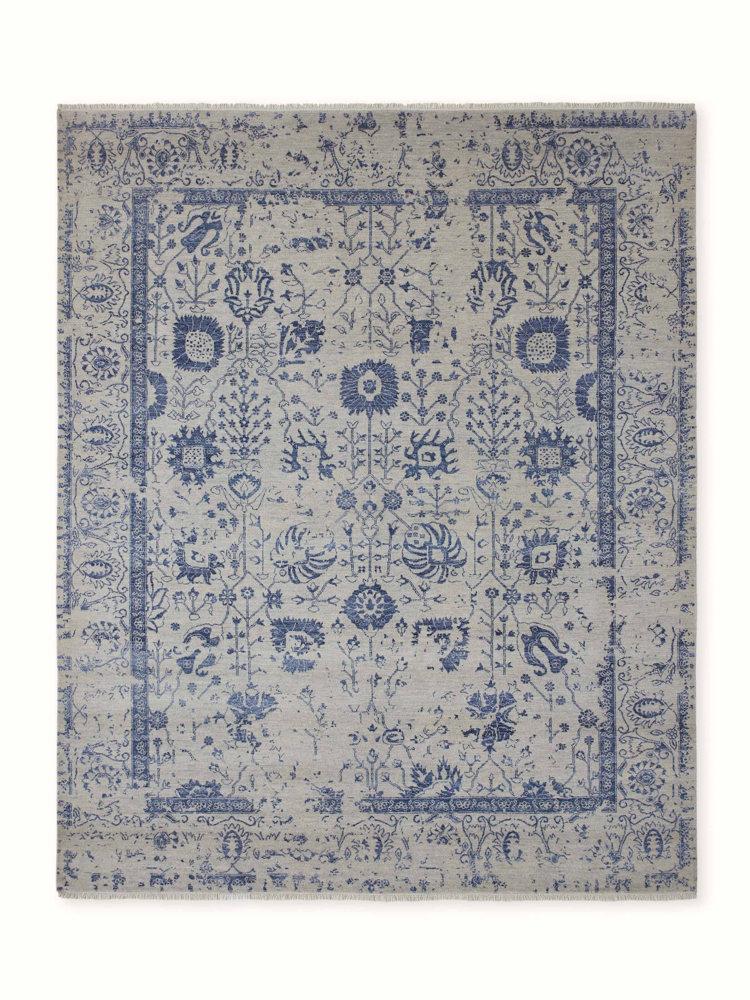 Overhead view of Distressed Transitional Rug in Grey and Blue, hand-knotted in Agra with wool and viscose blend.